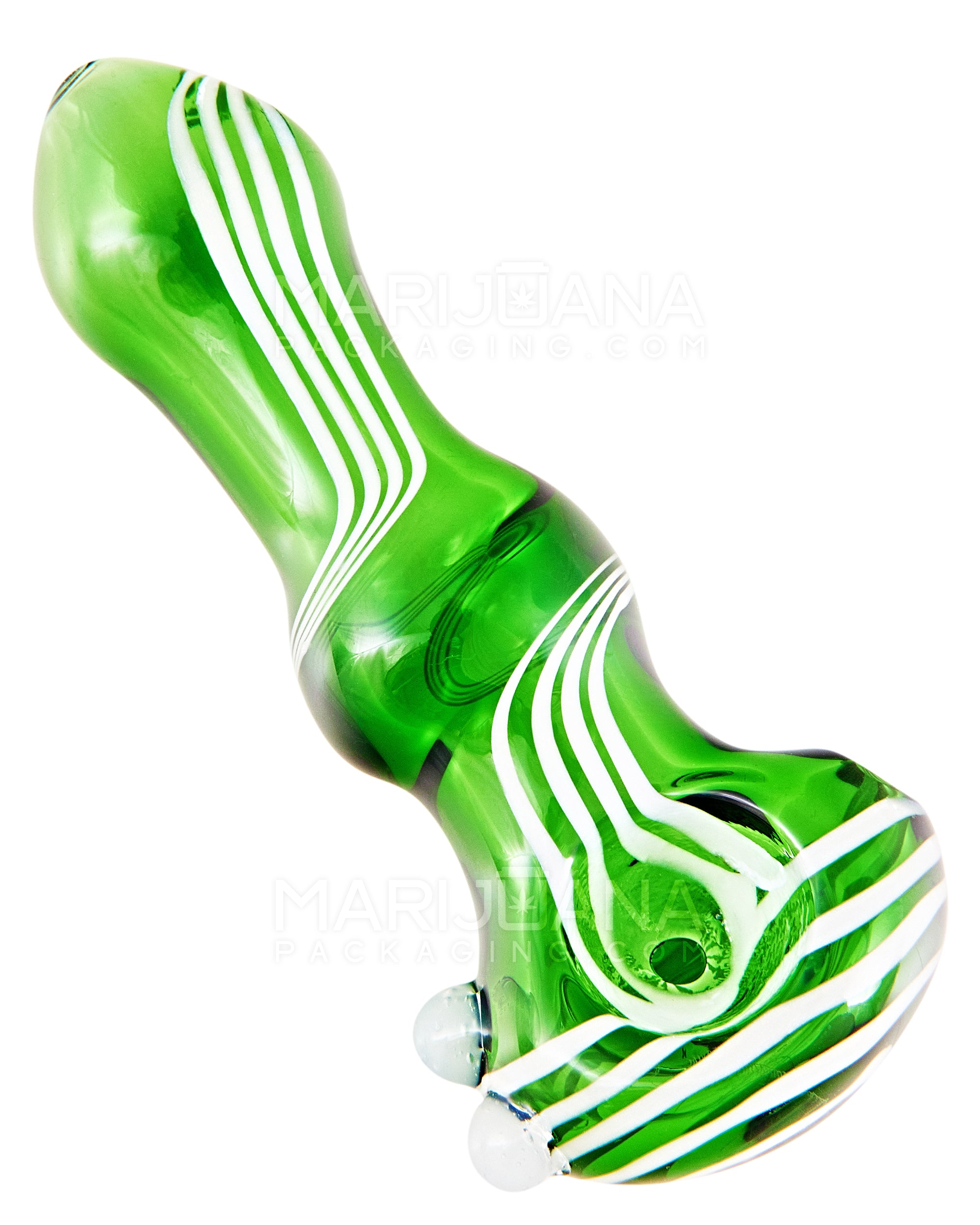 Swirl Bulged Spoon Hand Pipe w/ Triple Knockers | 3.5in Long - Glass - Green - 1