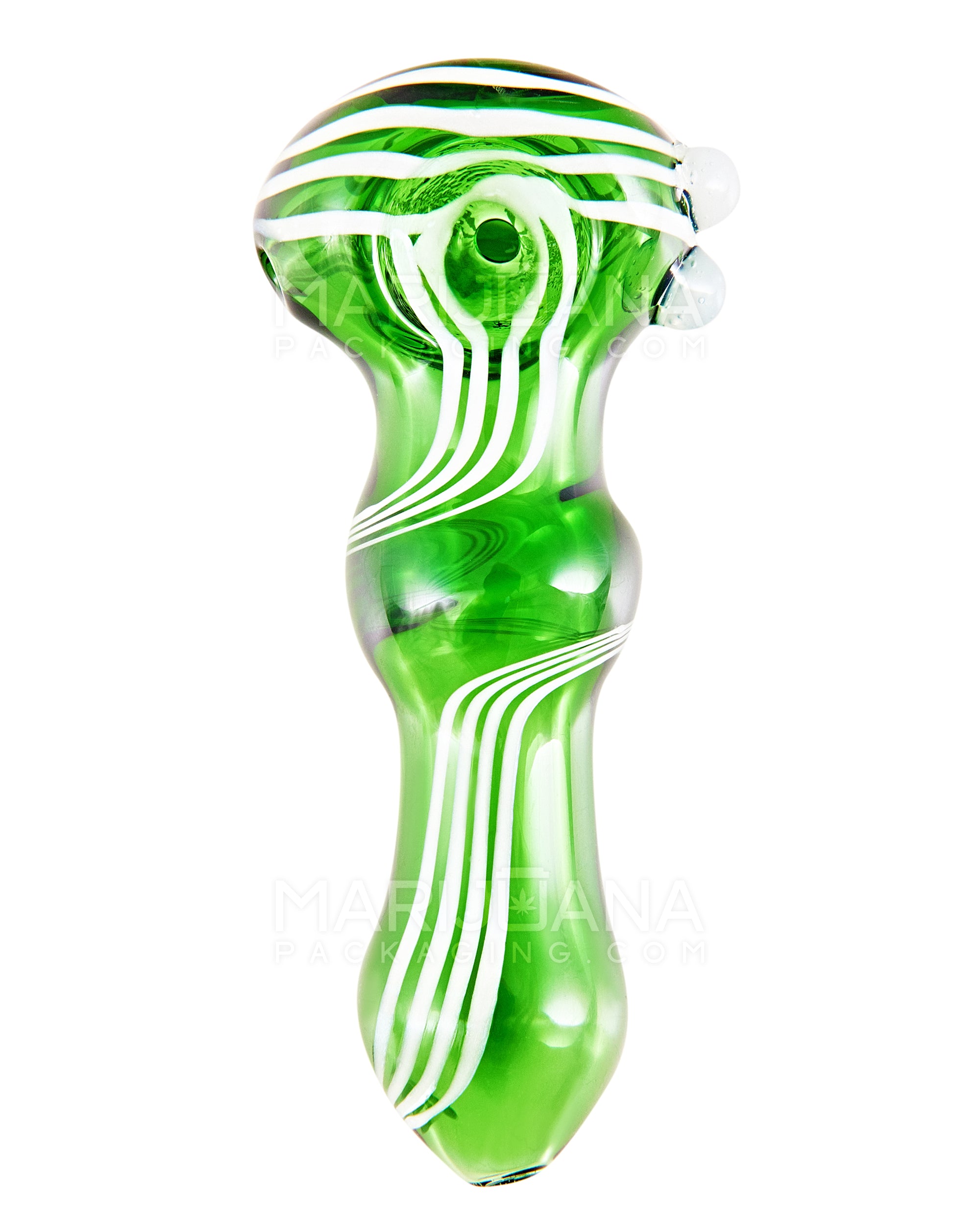 Swirl Bulged Spoon Hand Pipe w/ Triple Knockers | 3.5in Long - Glass - Green - 2