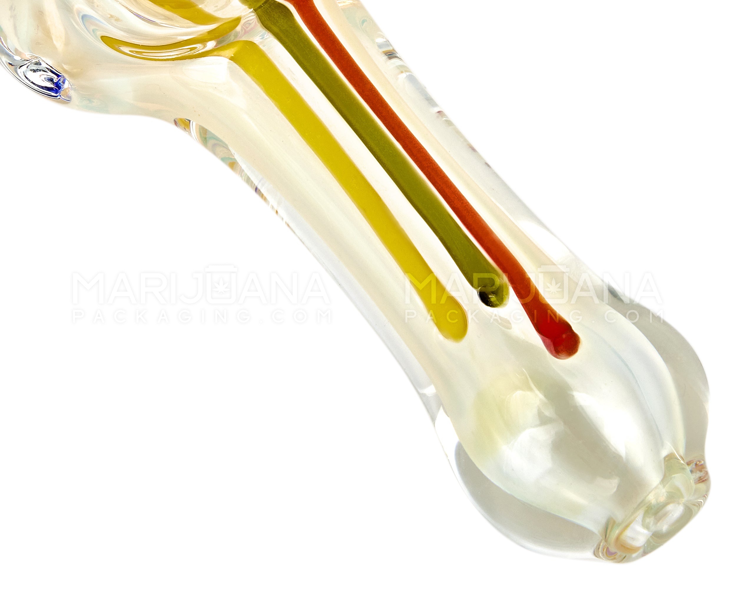 Striped & Gold Fumed Spoon Hand Pipe w/ Knocker | 3in Long - Glass - Rasta - 3