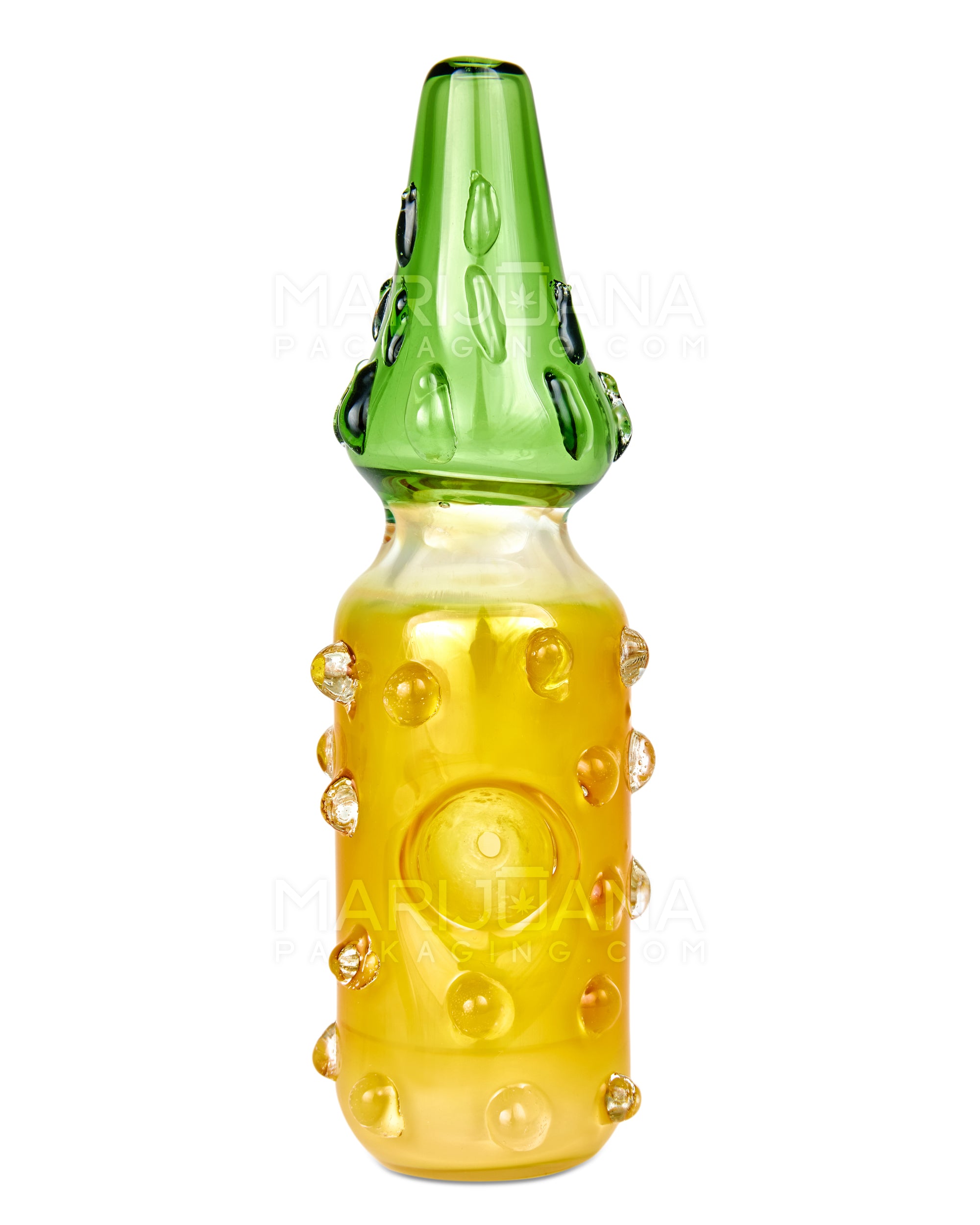 Gold Fumed Pineapple Hand Pipe w/ Multi Knockers | 6in Long - Glass - Yellow & Green - 2