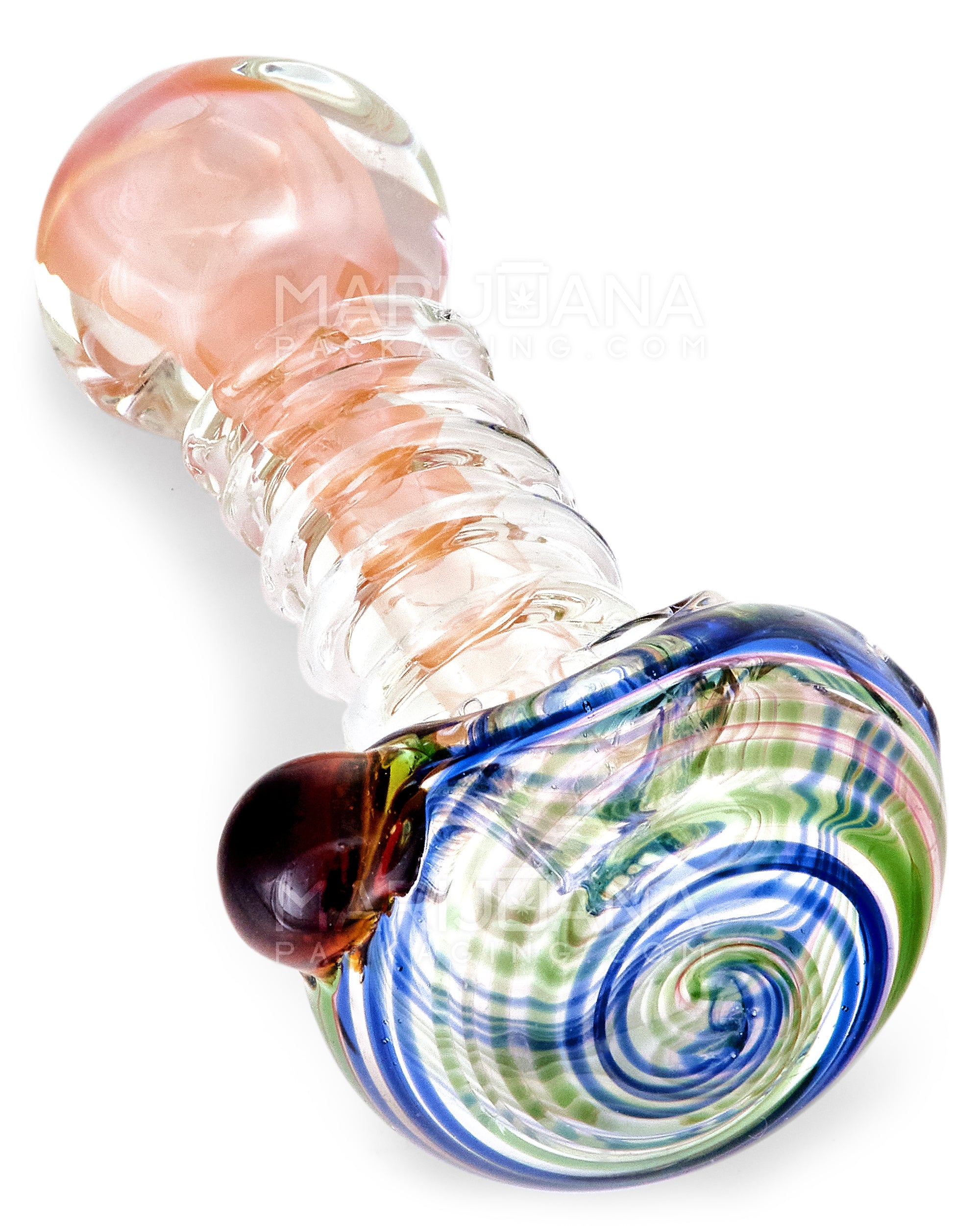 Swirl & Multi Fumed Ribbed Spoon Hand Pipe w/ Knocker | 4.5in Long - Thick Glass - Assorted - 1