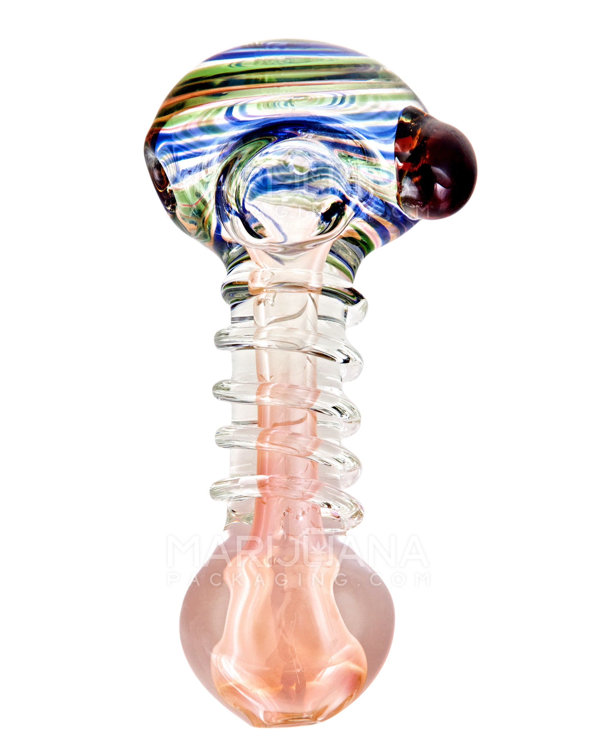 Swirl & Multi Fumed Ribbed Spoon Hand Pipe w/ Knocker | 4.5in Long - Thick Glass - Assorted - 2