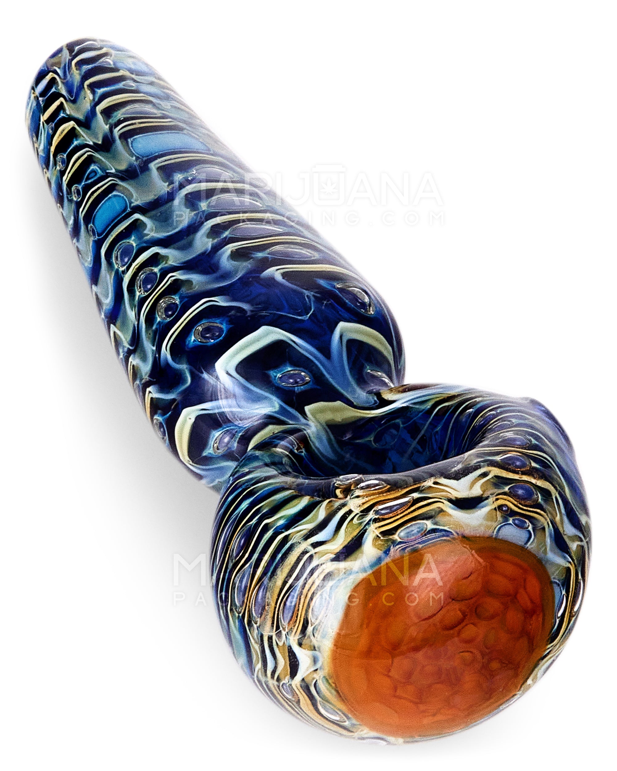 Raked & Bubble Trap Spoon Hand Pipe w/ Implosion Head | 5in Long - Thick Glass - Blue - 1