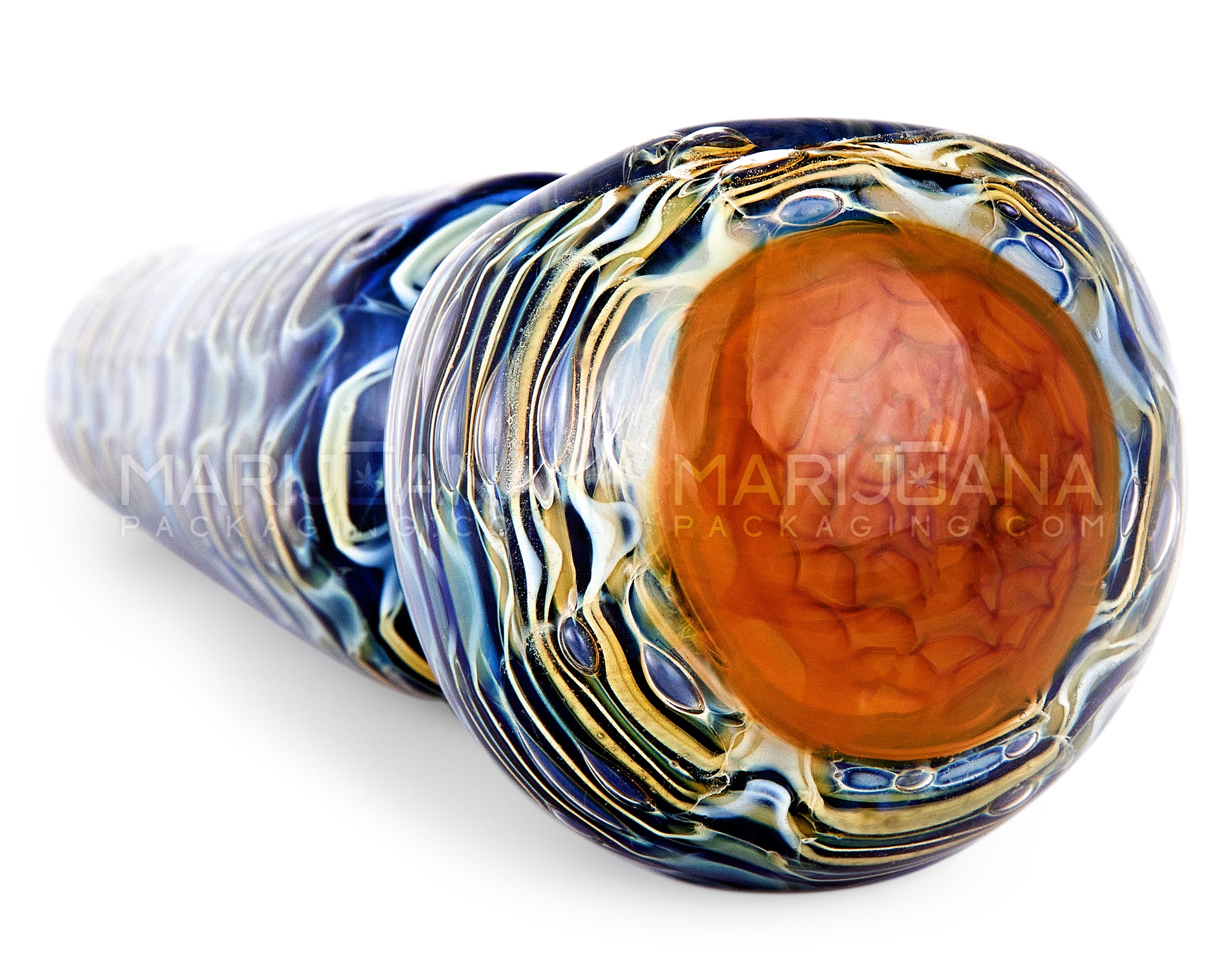 Raked & Bubble Trap Spoon Hand Pipe w/ Implosion Head | 5in Long - Thick Glass - Blue - 4
