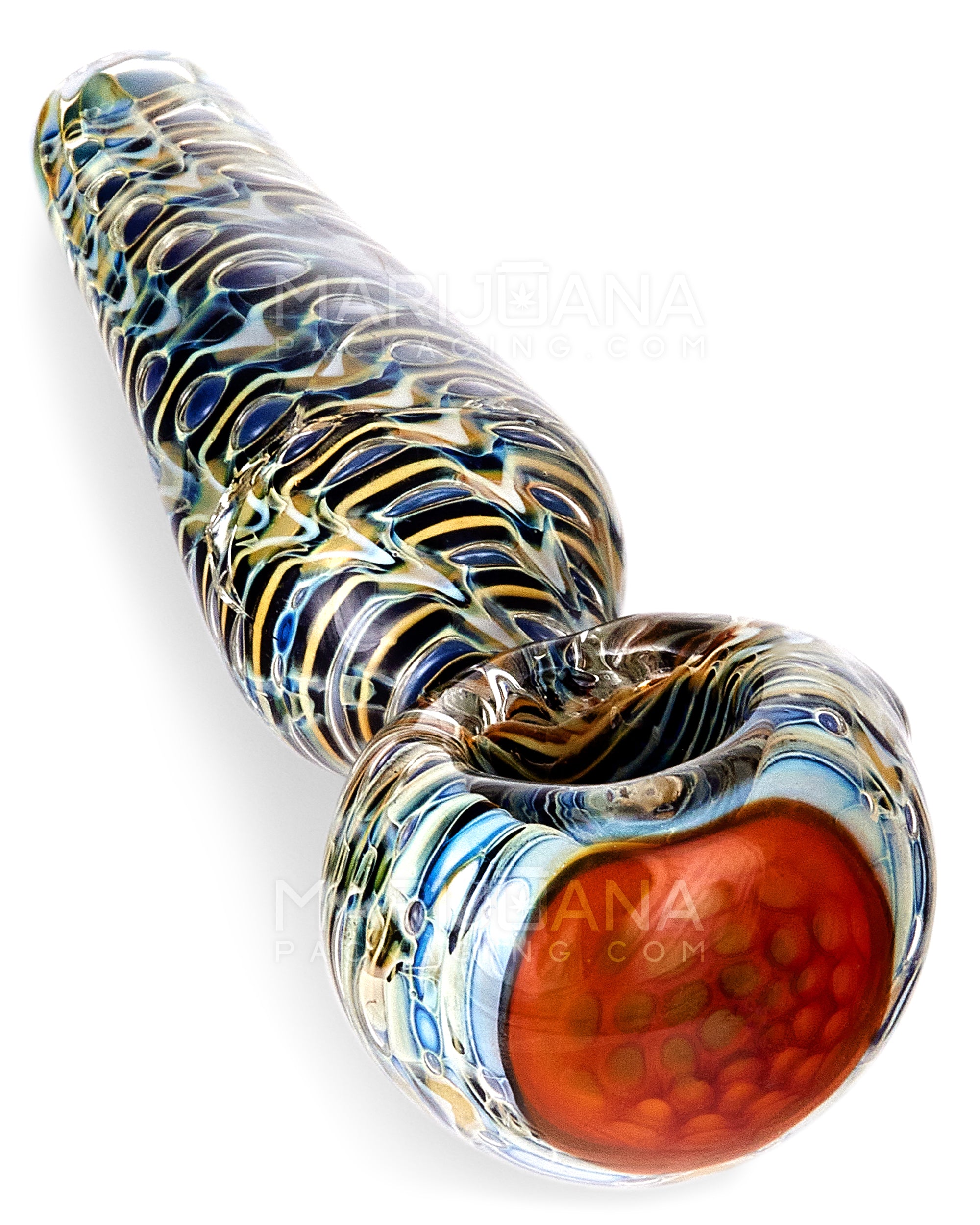 Raked & Bubble Trap Spoon Hand Pipe w/ Implosion Head | 5in Long - Thick Glass - Blue - 6