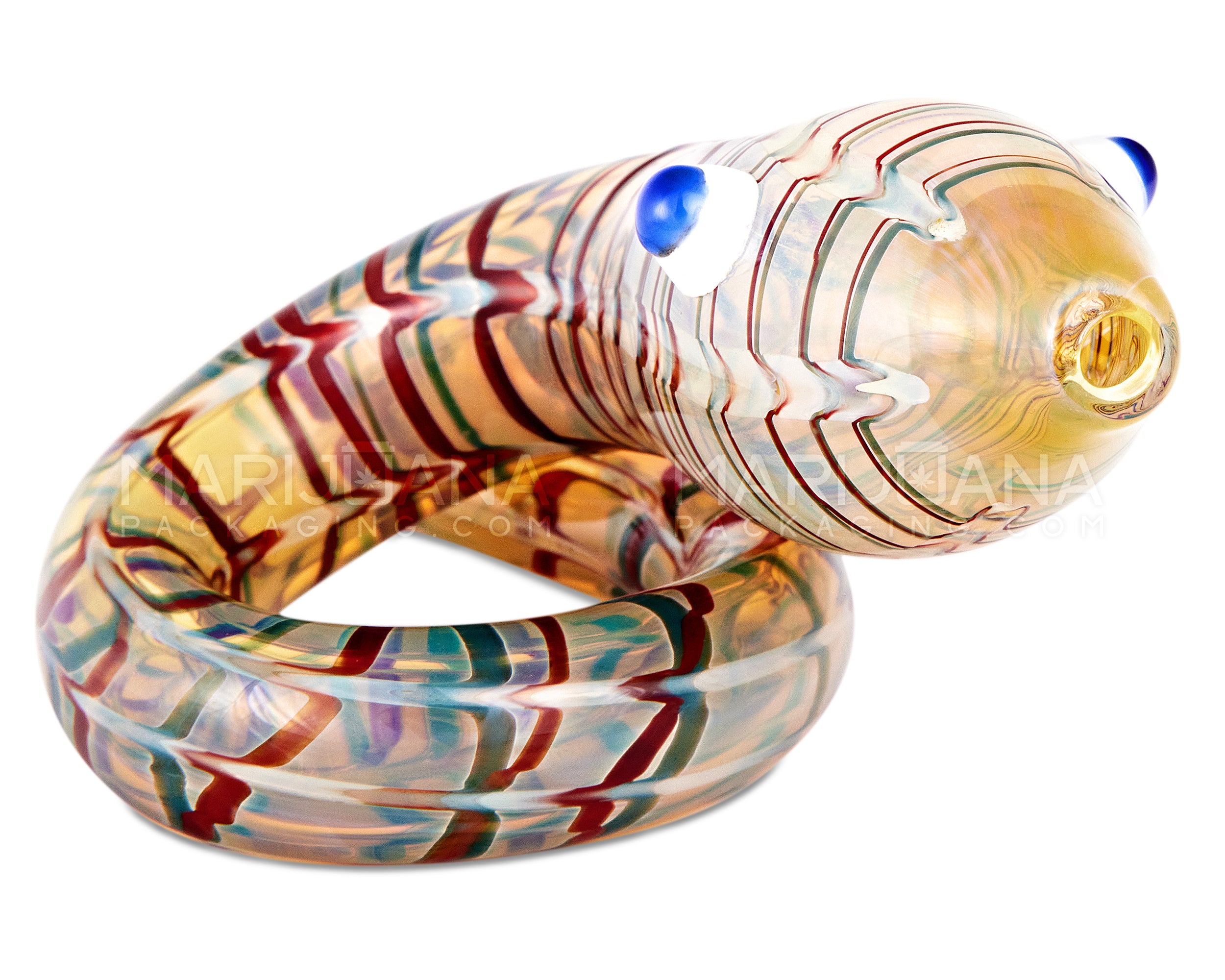 Raked & Gold Fumed Snake Hand Pipe w/ Ribboning | 6in Long - Glass - Assorted - 4