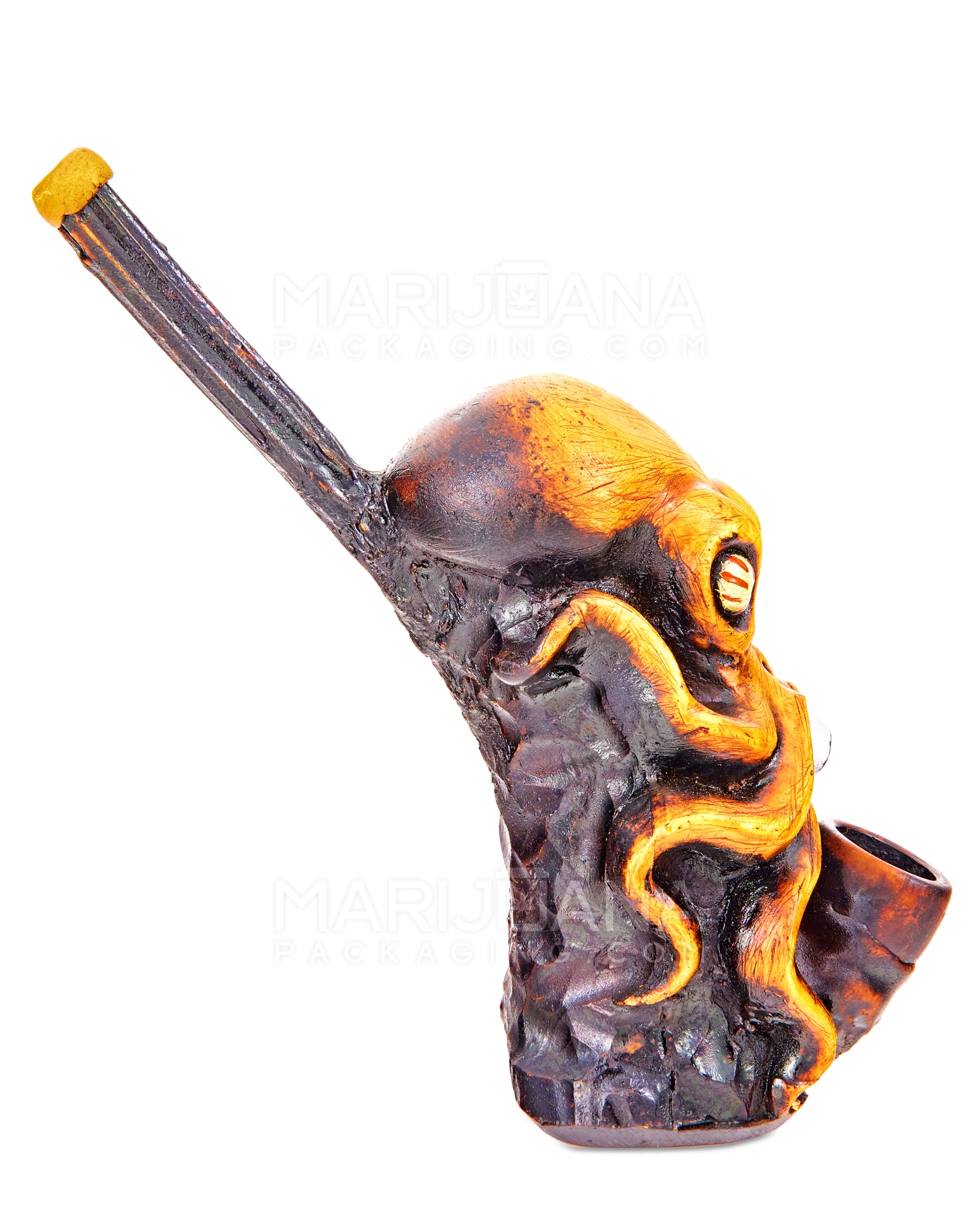 Octopus Wood Pipe | 6in Tall - Wood Bowl - Orange - 7