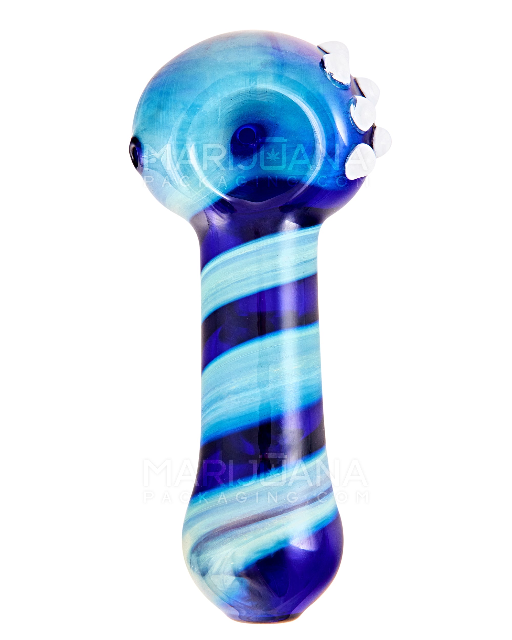 Spiral & Print Fumed Spoon Hand Pipe w/ Multi Knockers | 5in Long - Glass - Blue - 2