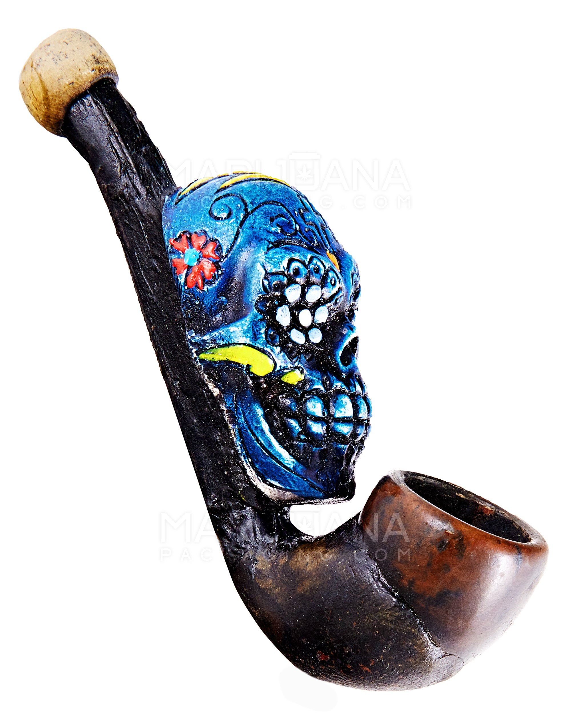 Los Muertos Sugar Skull Sherlock Hand Pipe | 3in Long - Wood - Blue - 1