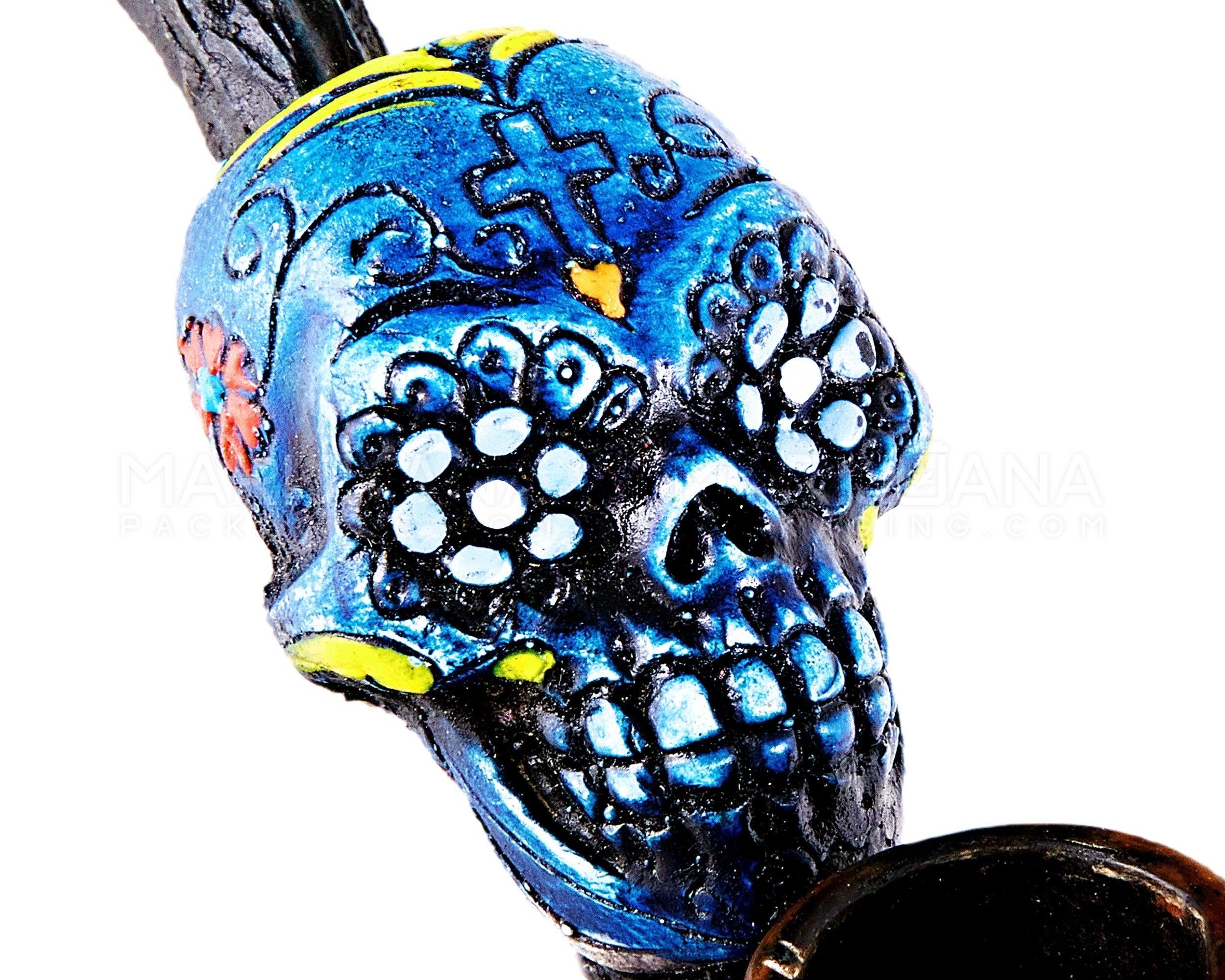 Los Muertos Sugar Skull Sherlock Hand Pipe | 3in Long - Wood - Blue - 3