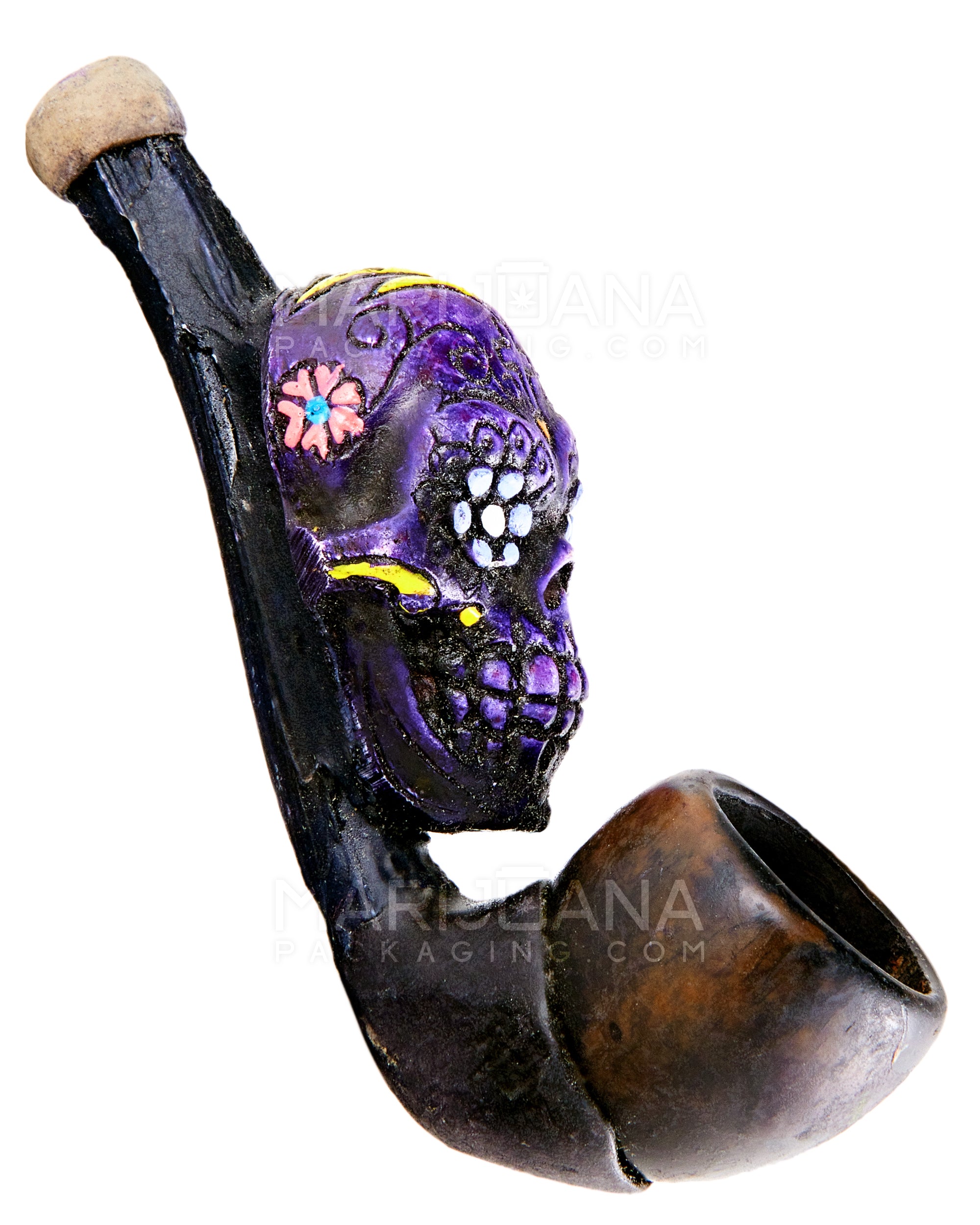 Los Muertos Sugar Skull Sherlock Hand Pipe | 3in Long - Wood - Purple - 1