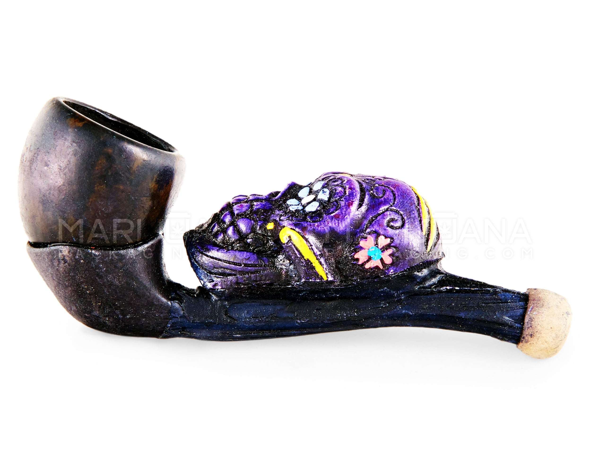 Los Muertos Sugar Skull Sherlock Hand Pipe | 3in Long - Wood - Purple - 4
