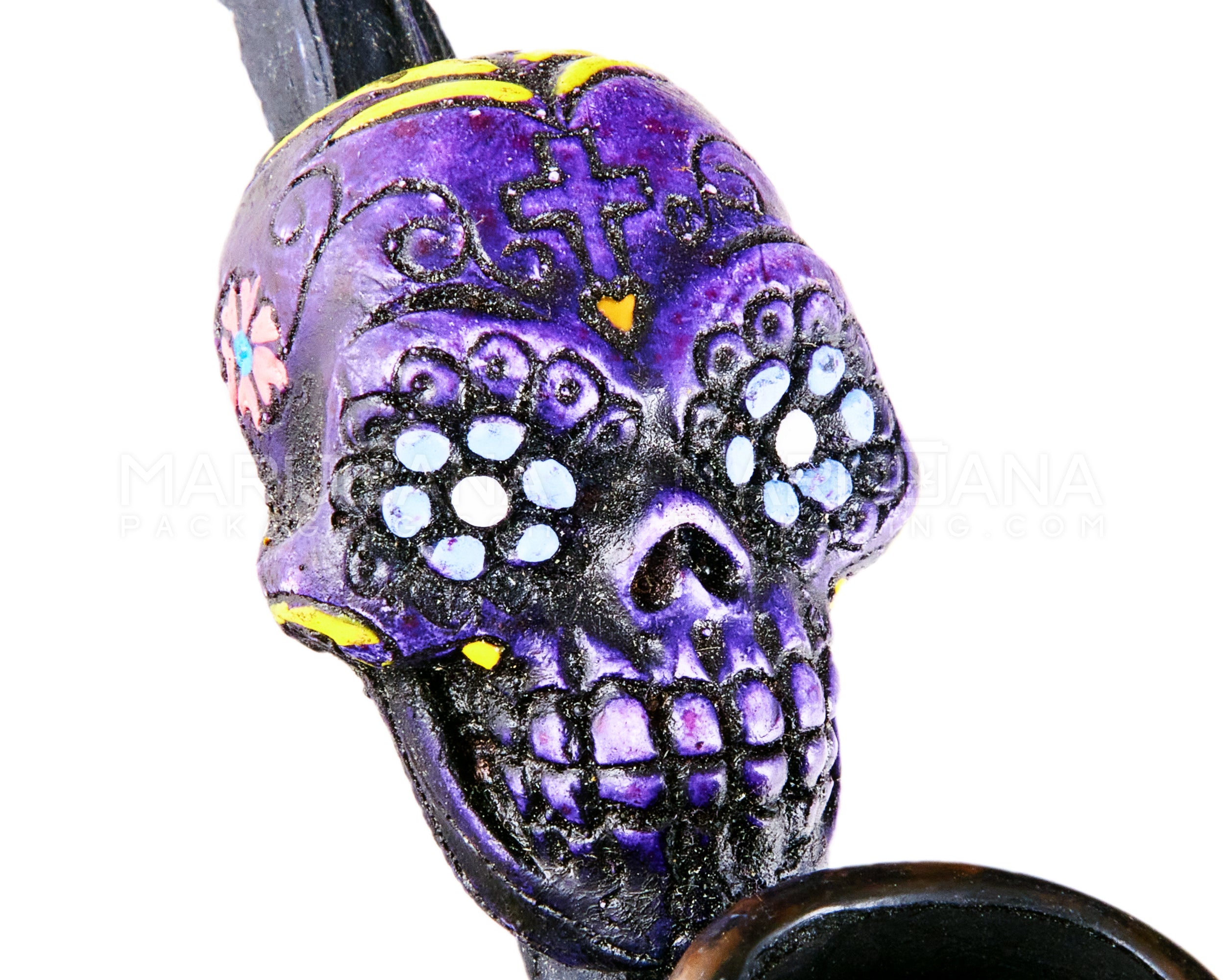 Los Muertos Sugar Skull Sherlock Hand Pipe | 3in Long - Wood - Purple - 3