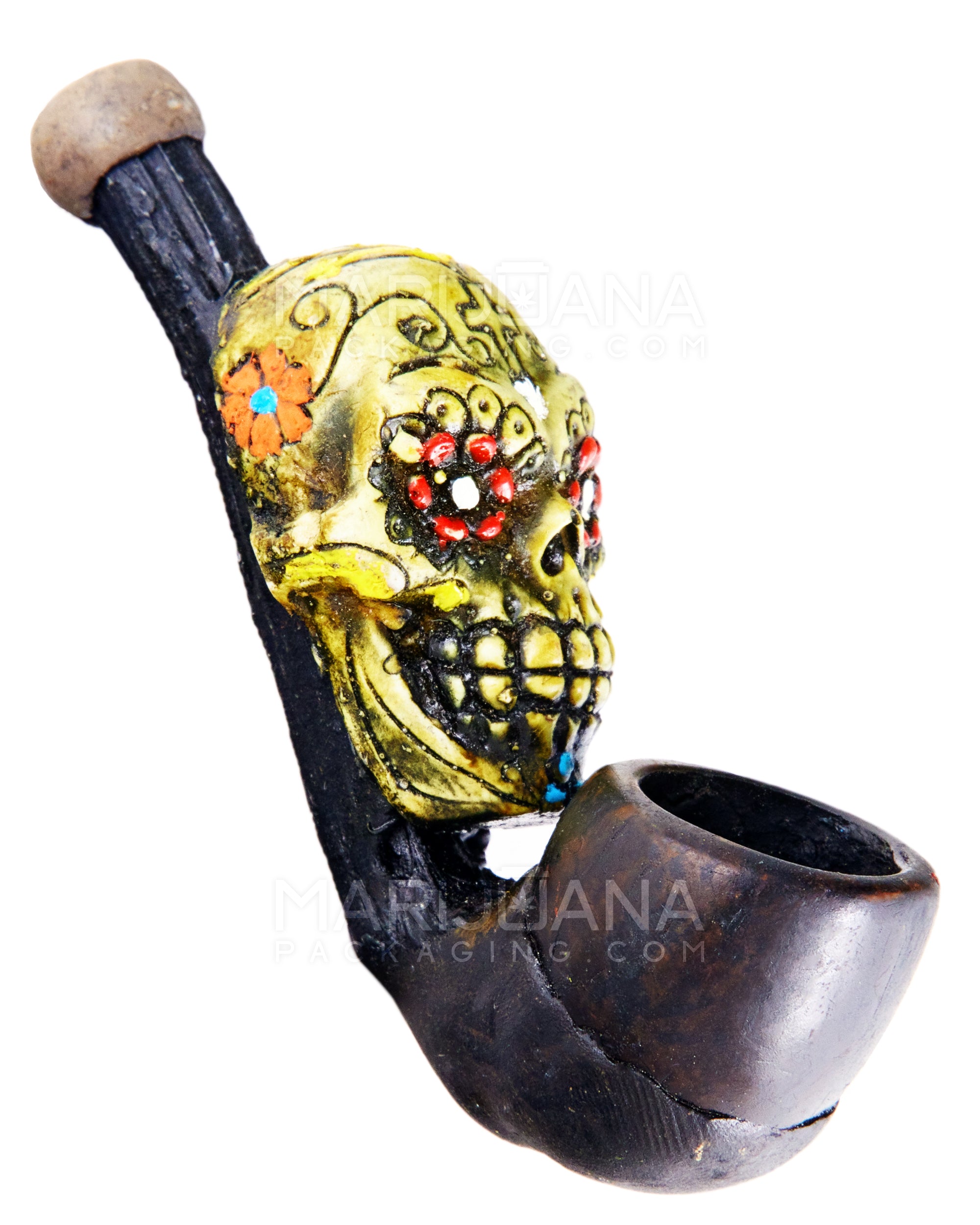 Los Muertos Sugar Skull Sherlock Hand Pipe | 3in Long - Wood - Green - 1