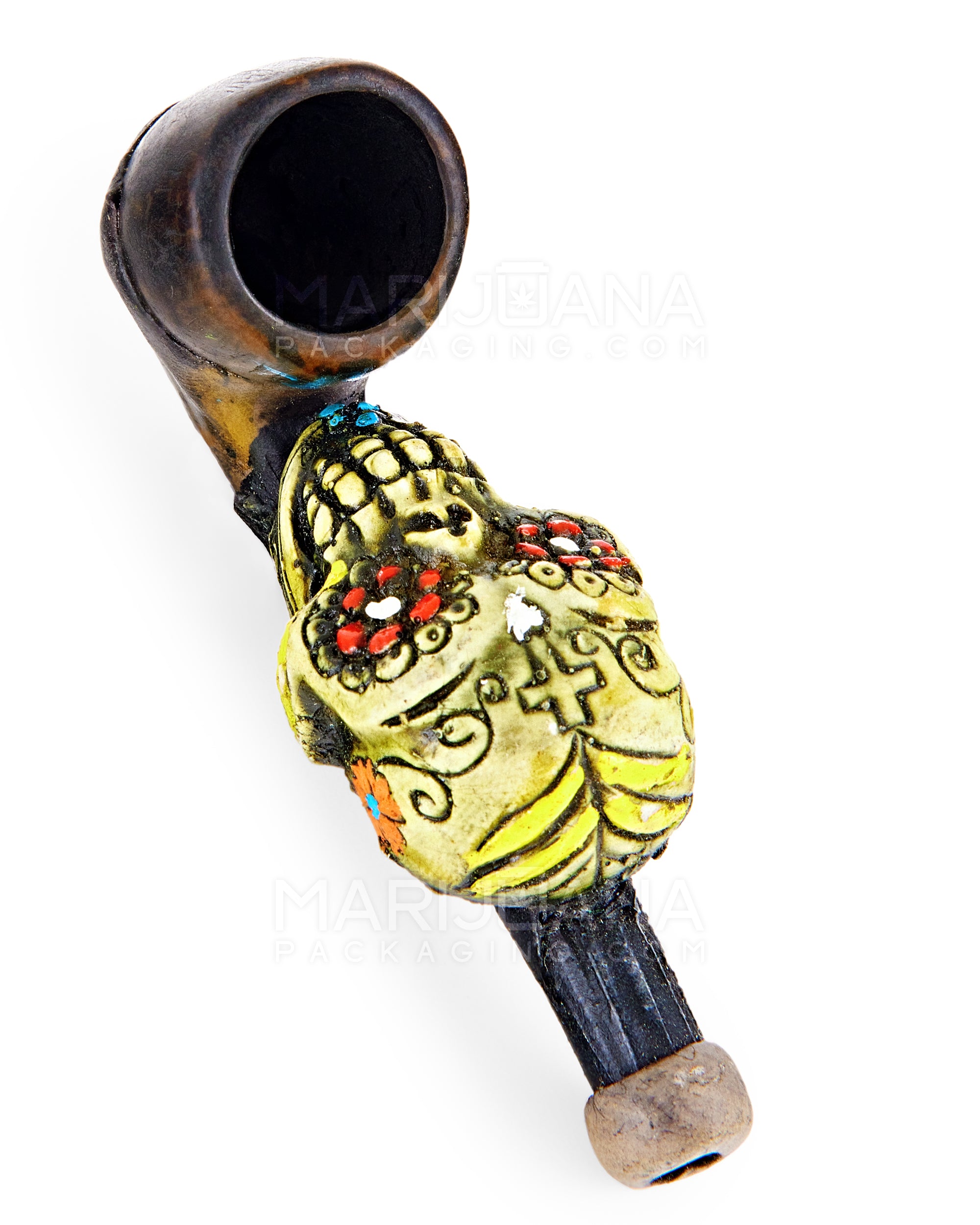 Los Muertos Sugar Skull Sherlock Hand Pipe | 3in Long - Wood - Green - 2