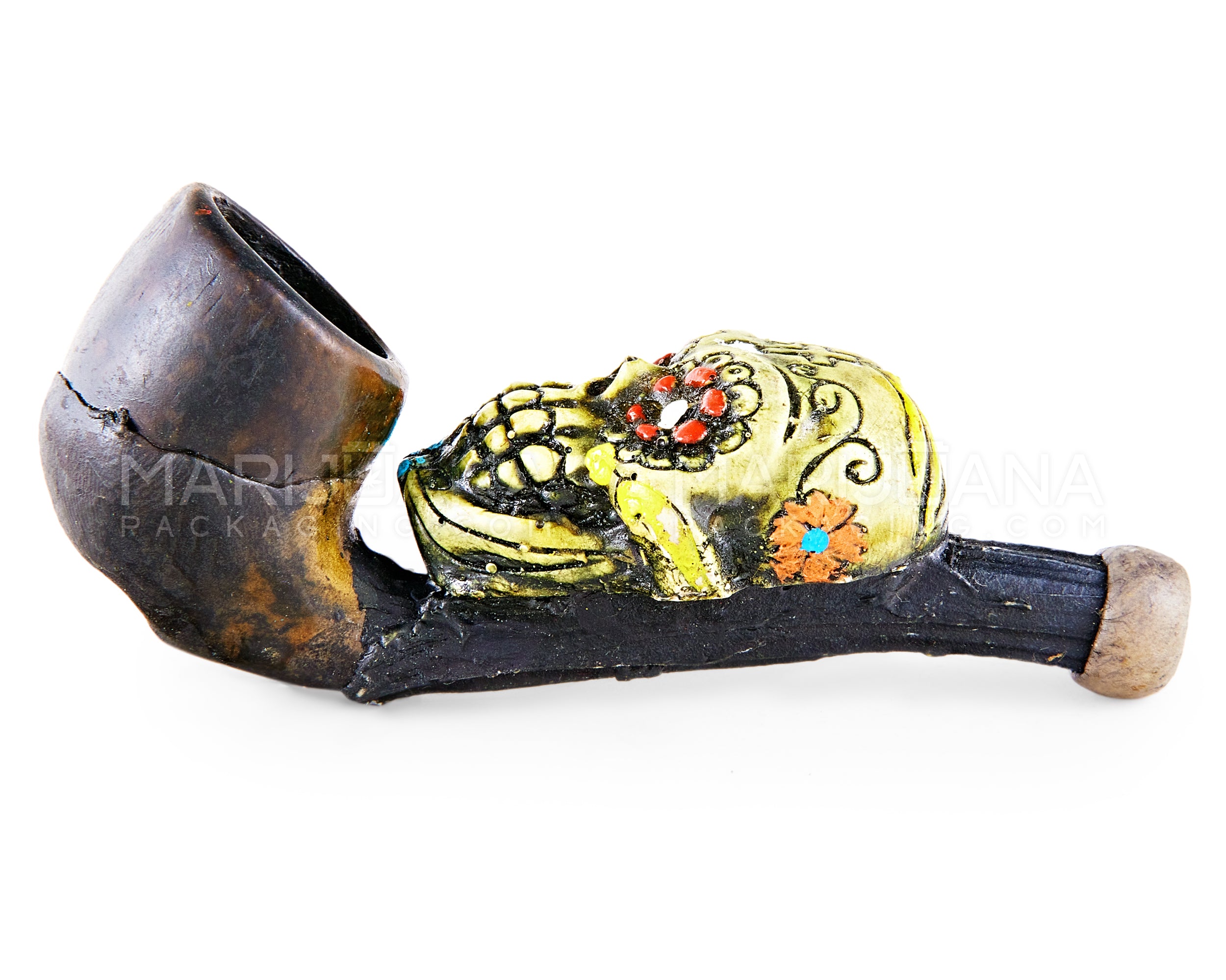 Los Muertos Sugar Skull Sherlock Hand Pipe | 3in Long - Wood - Green - 4