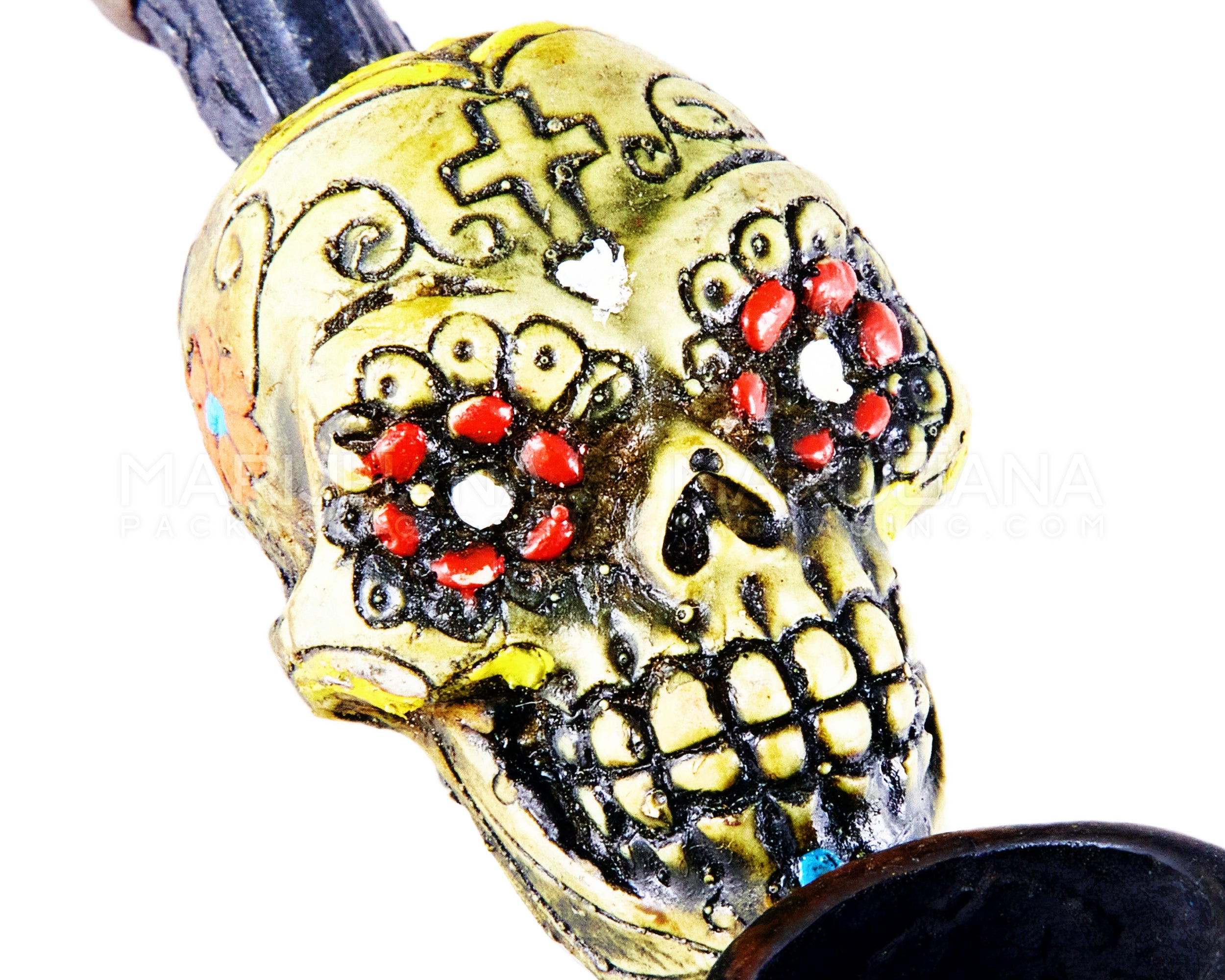 Los Muertos Sugar Skull Sherlock Hand Pipe | 3in Long - Wood - Green - 3