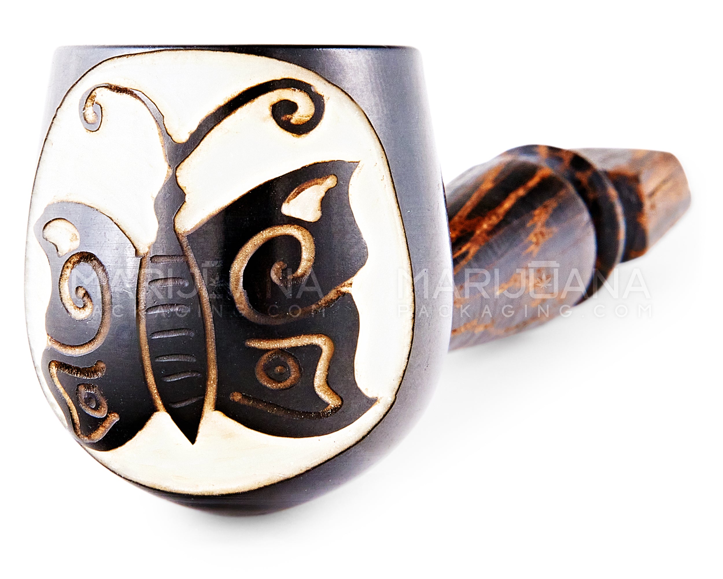 Butterfly Design Tagua Sherlock Hand Pipe | 3.5in Long - Wood - Brown - 3