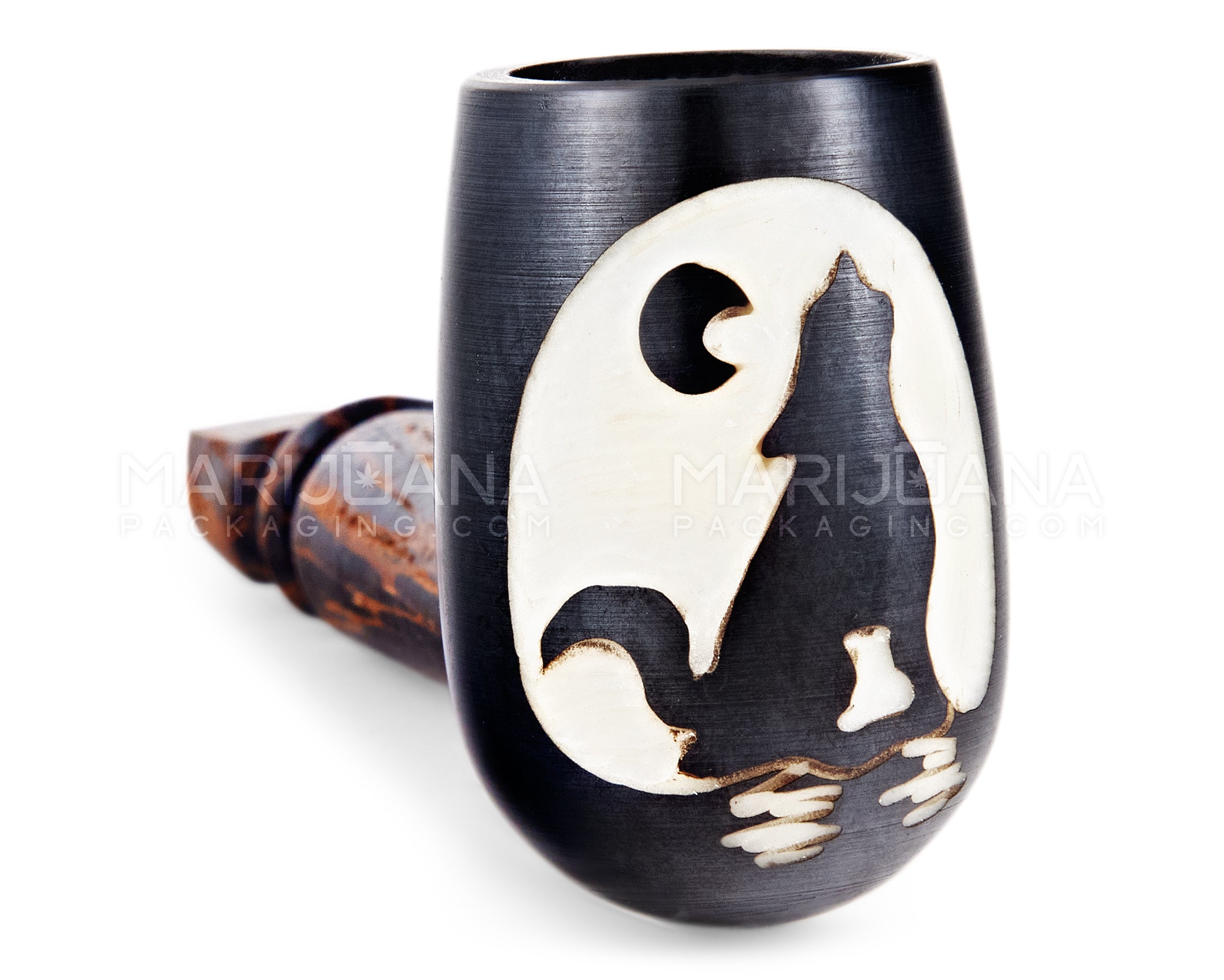 Howling Wolf Design Tagua Sherlock Hand Pipe | 3.5in Long - Wood - Brown - 3