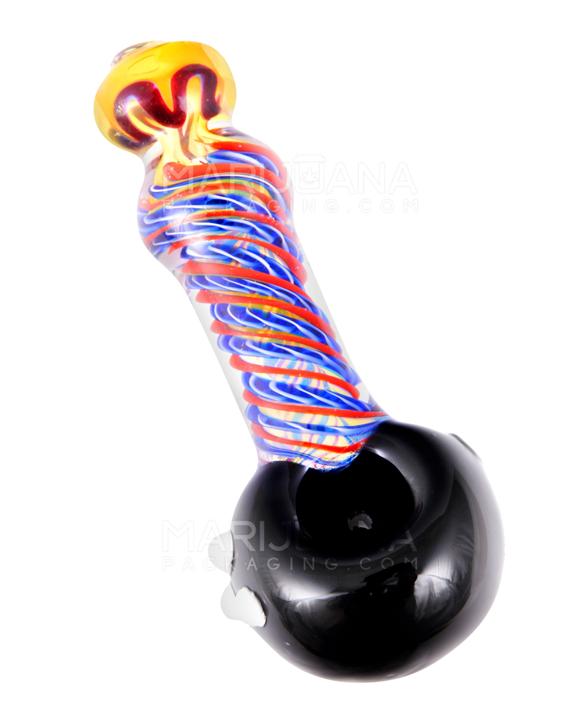 Spiral & Fumed Bulged Spoon Hand Pipe w/ Triple Knockers & Ribboning | 5in Long - Glass - Assorted - 6