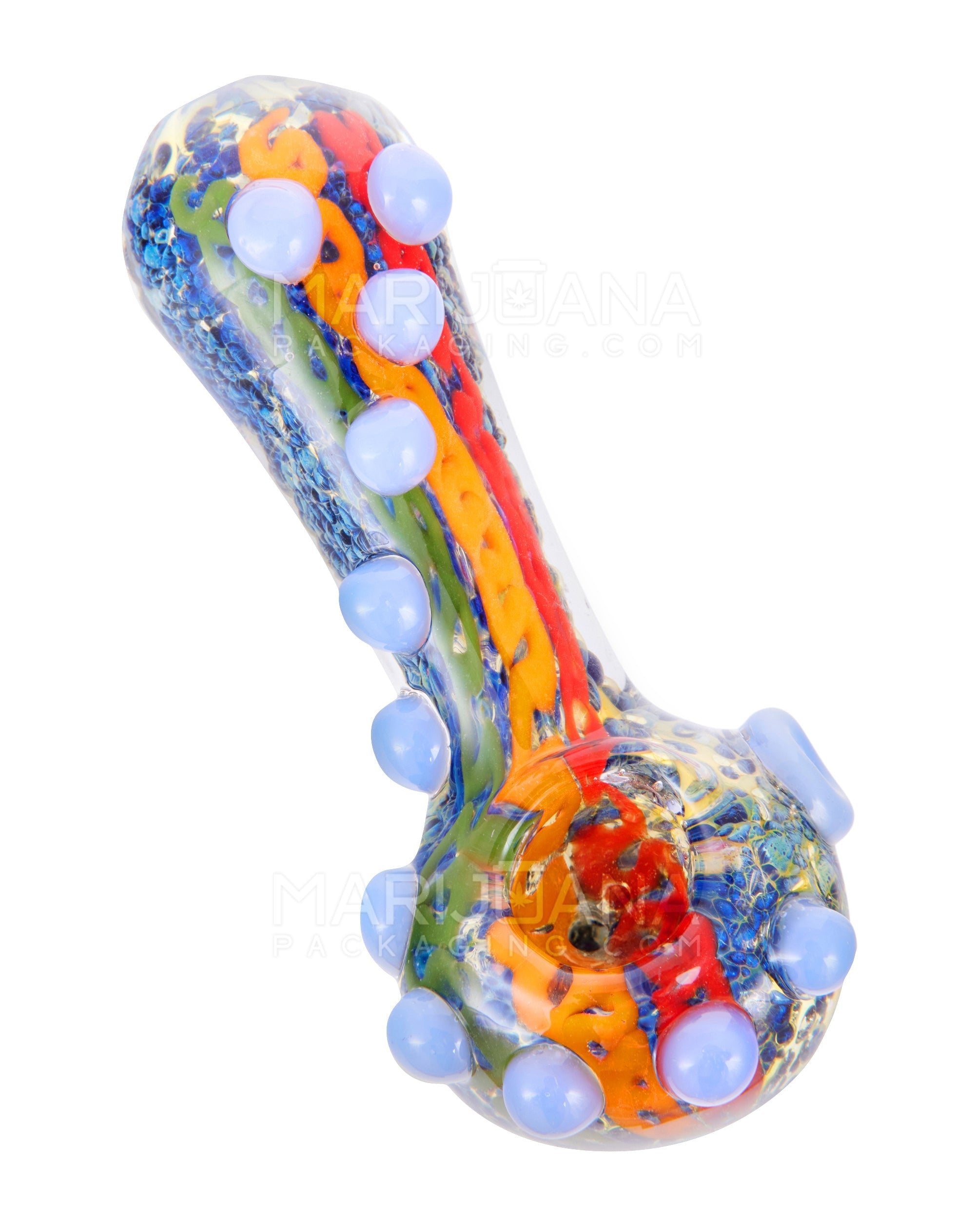 Frit Spoon Hand Pipe w/ Rasta Stripes & Multi Knockers | 4.5in Long - Glass - Assorted - 1
