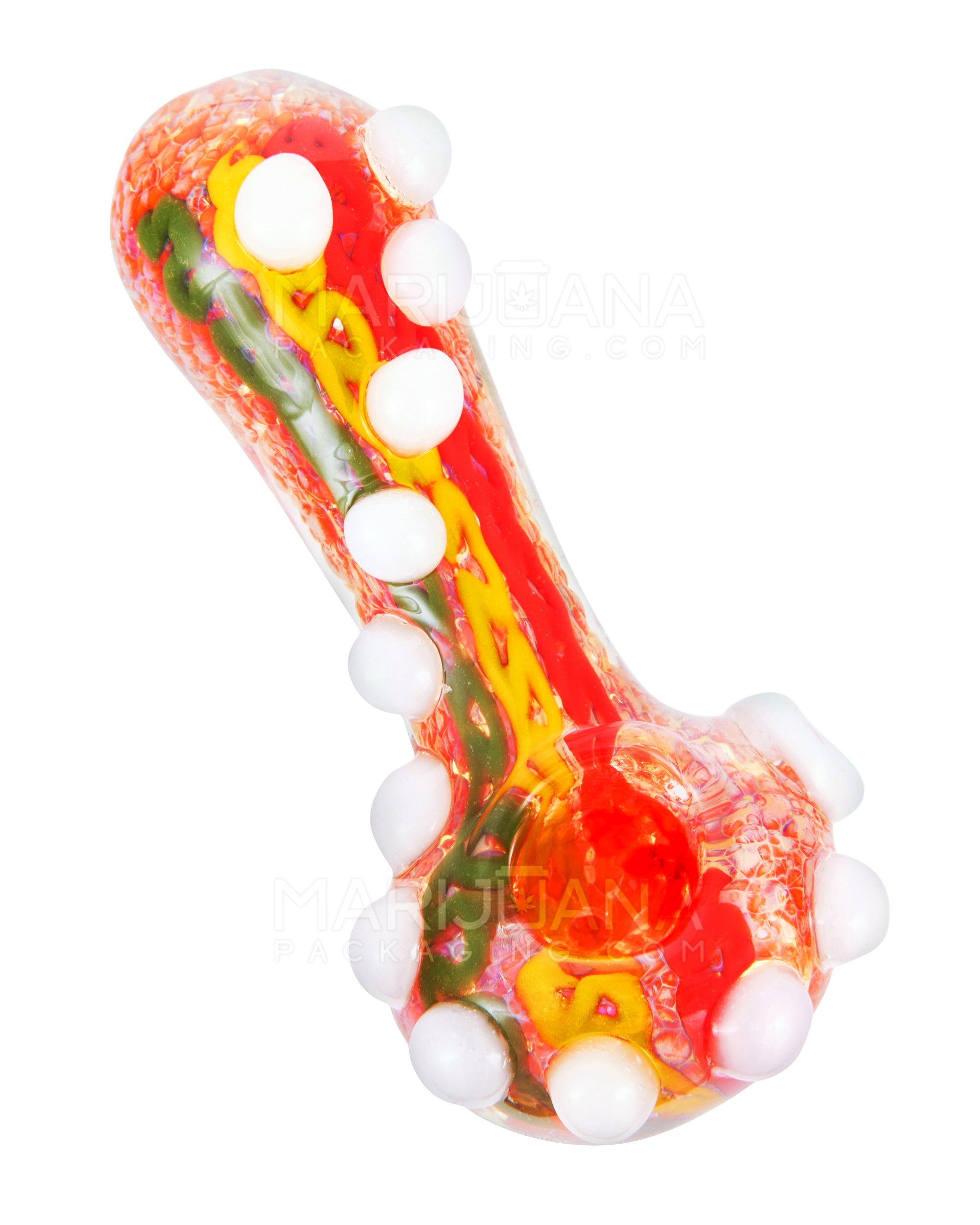 Frit Spoon Hand Pipe w/ Rasta Stripes & Multi Knockers | 4.5in Long - Glass - Assorted - 6