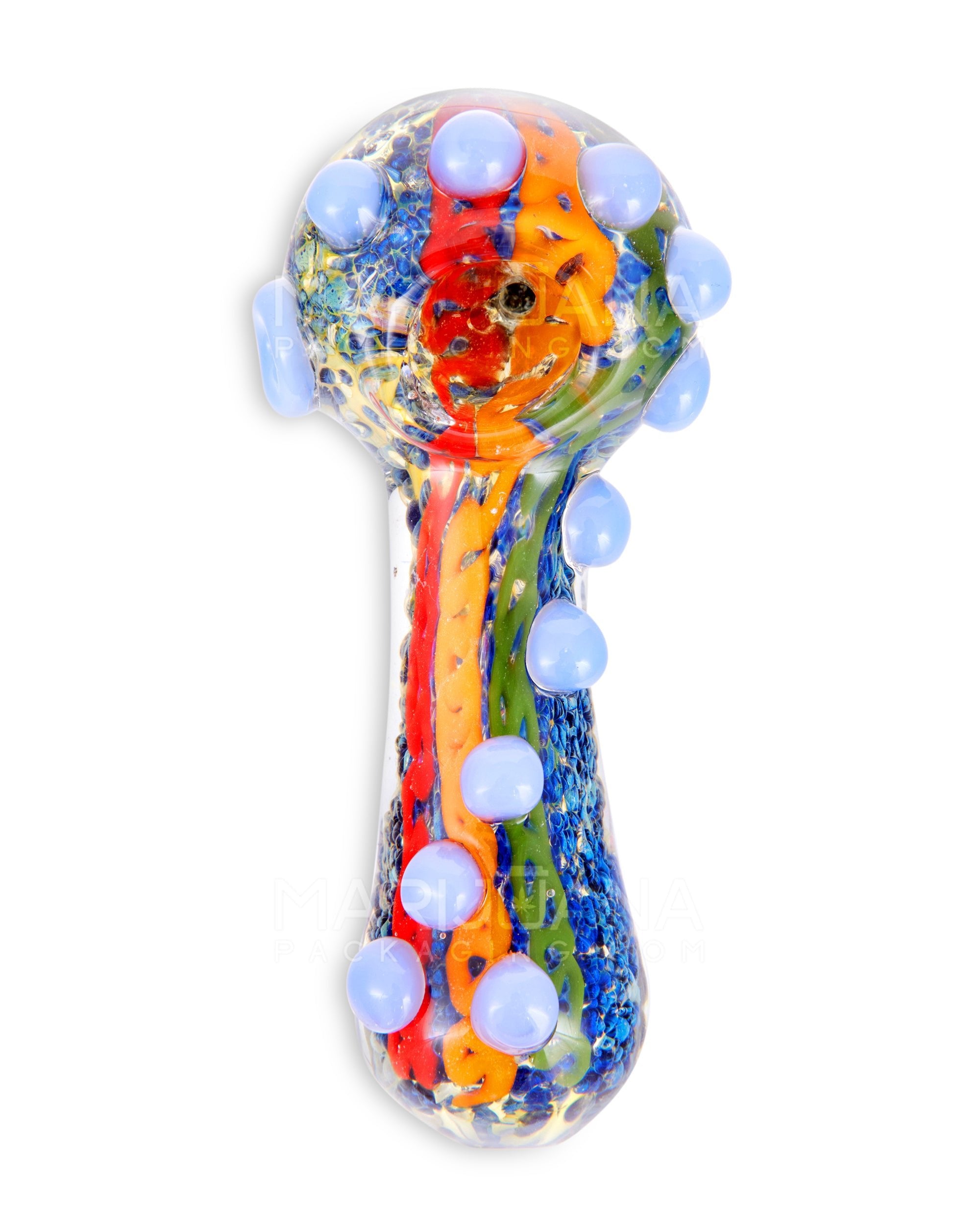 Frit Spoon Hand Pipe w/ Rasta Stripes & Multi Knockers | 4.5in Long - Glass - Assorted - 2