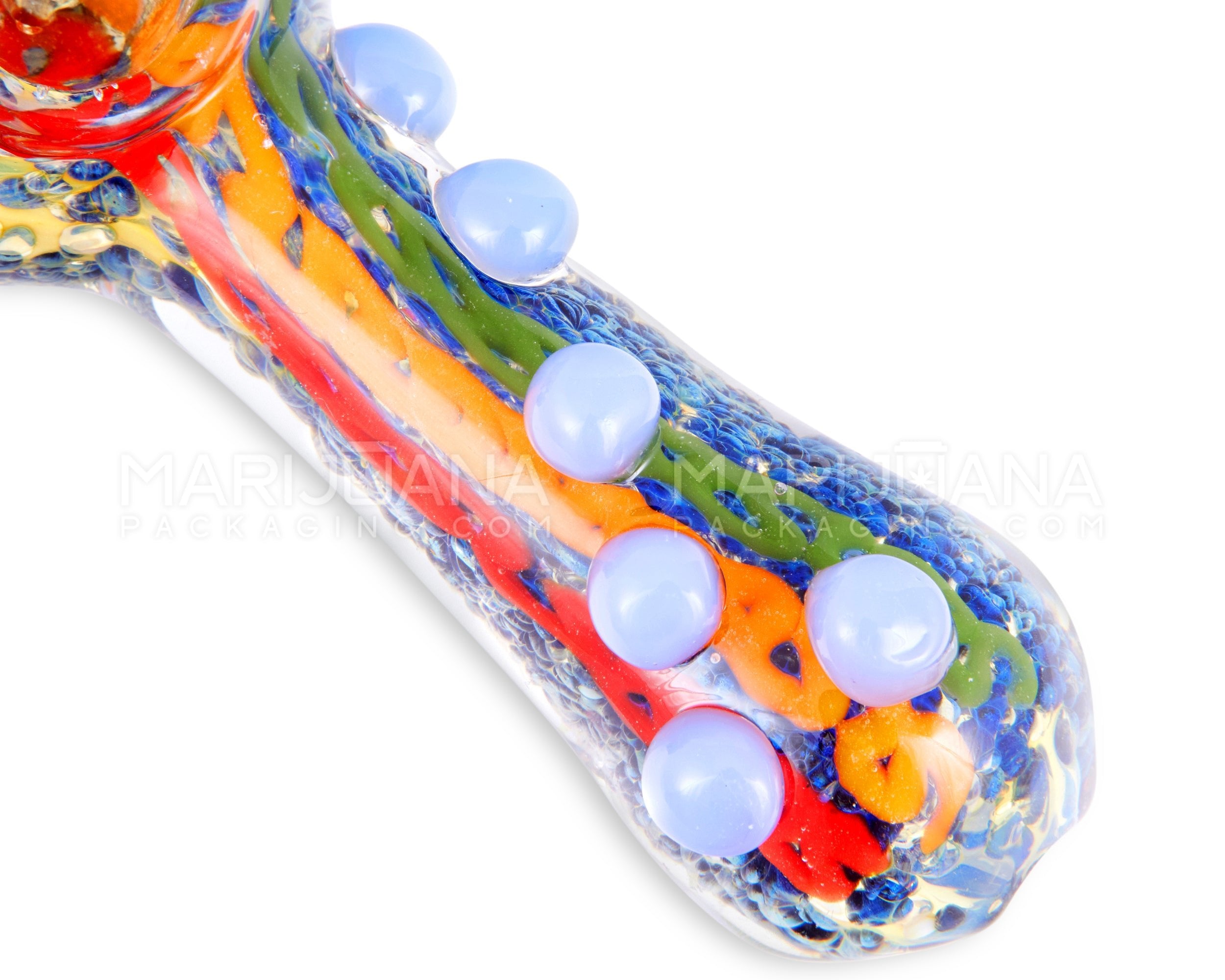 Frit Spoon Hand Pipe w/ Rasta Stripes & Multi Knockers | 4.5in Long - Glass - Assorted - 3