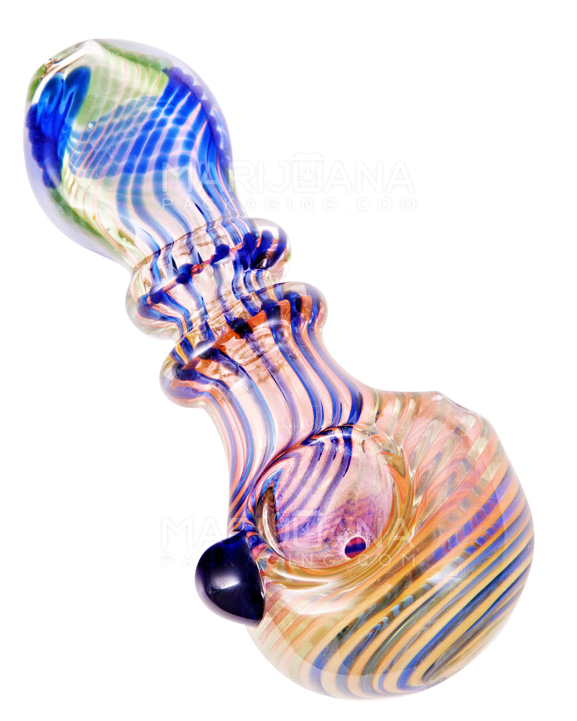 Flat Mouth Swirl & Gold Fumed Double Ringed Spoon Hand Pipe w/ Knocker | 5in Long - Glass - Assorted - 6