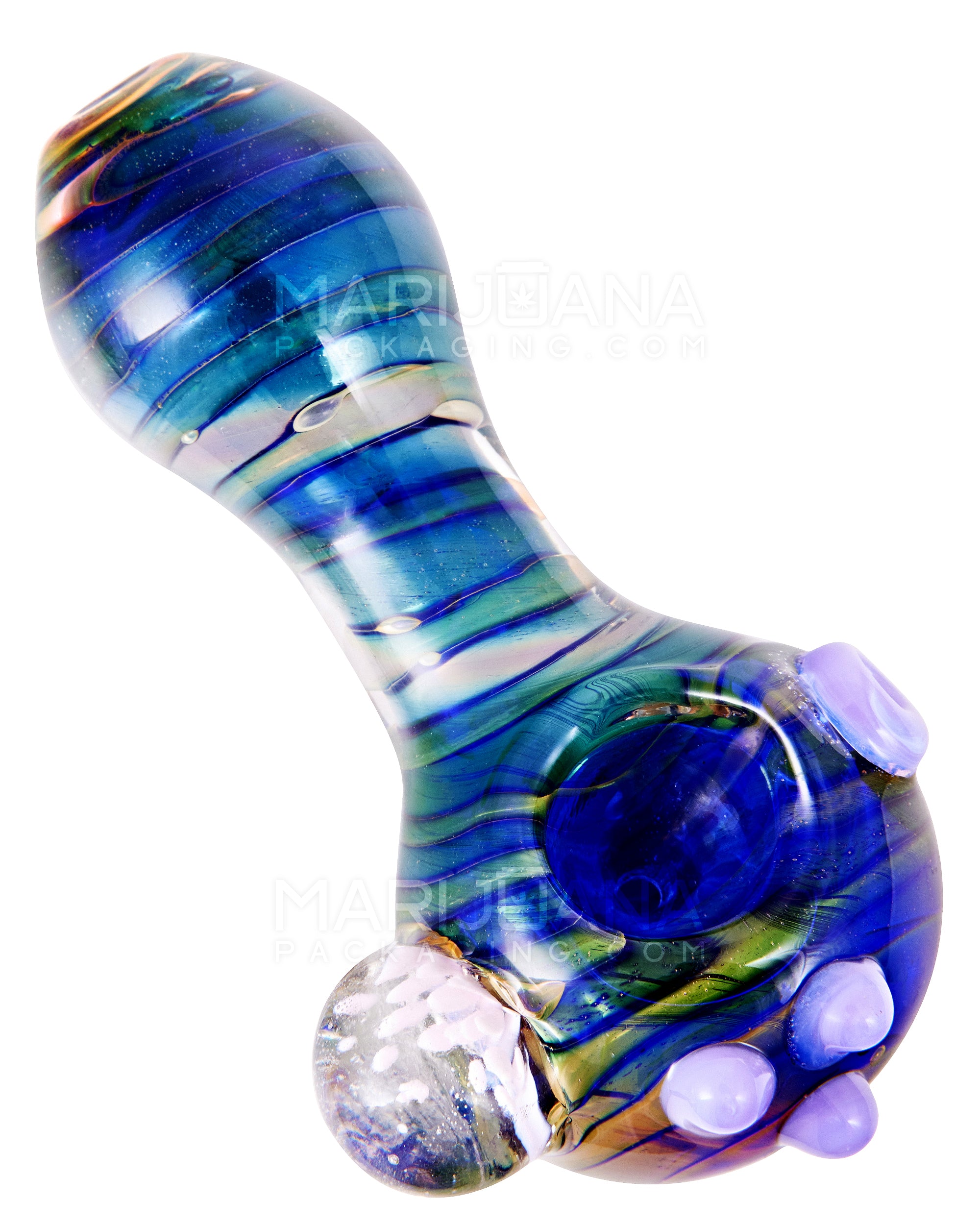 Fumed & Spiral Spoon Hand Pipe w/ Flower Implosion Marble & Triple Knockers | 4.5in Long - Glass - Assorted - 6