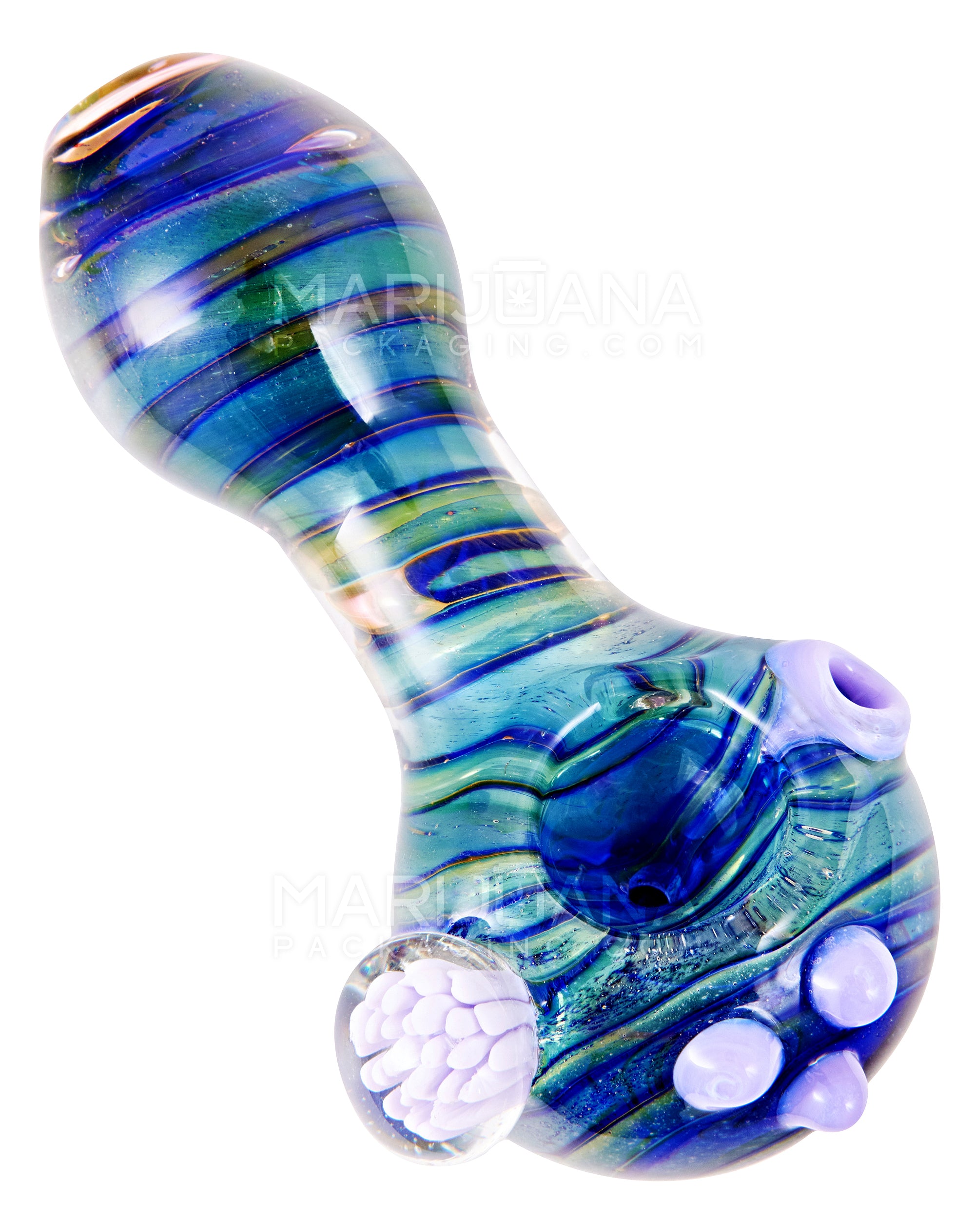 Fumed & Spiral Spoon Hand Pipe w/ Flower Implosion Marble & Triple Knockers | 4.5in Long - Glass - Assorted - 1