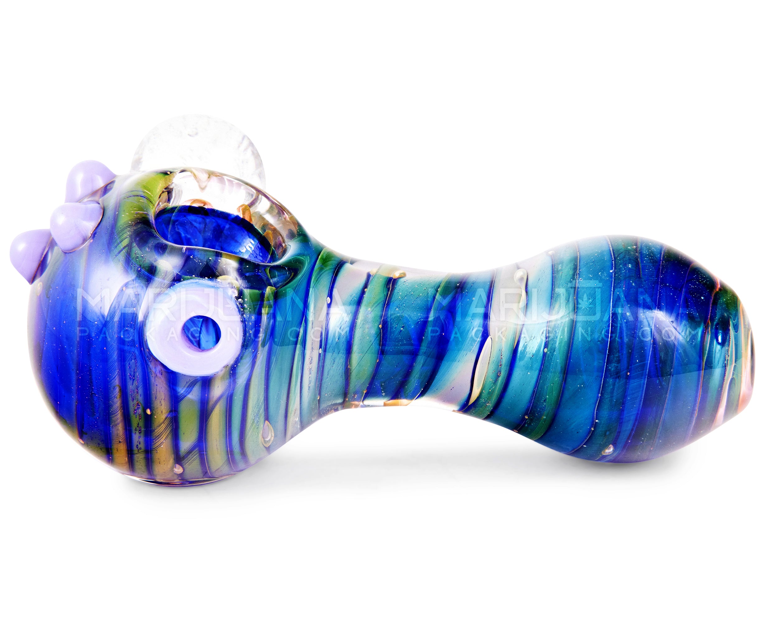 Fumed & Spiral Spoon Hand Pipe w/ Flower Implosion Marble & Triple Knockers | 4.5in Long - Glass - Assorted - 5