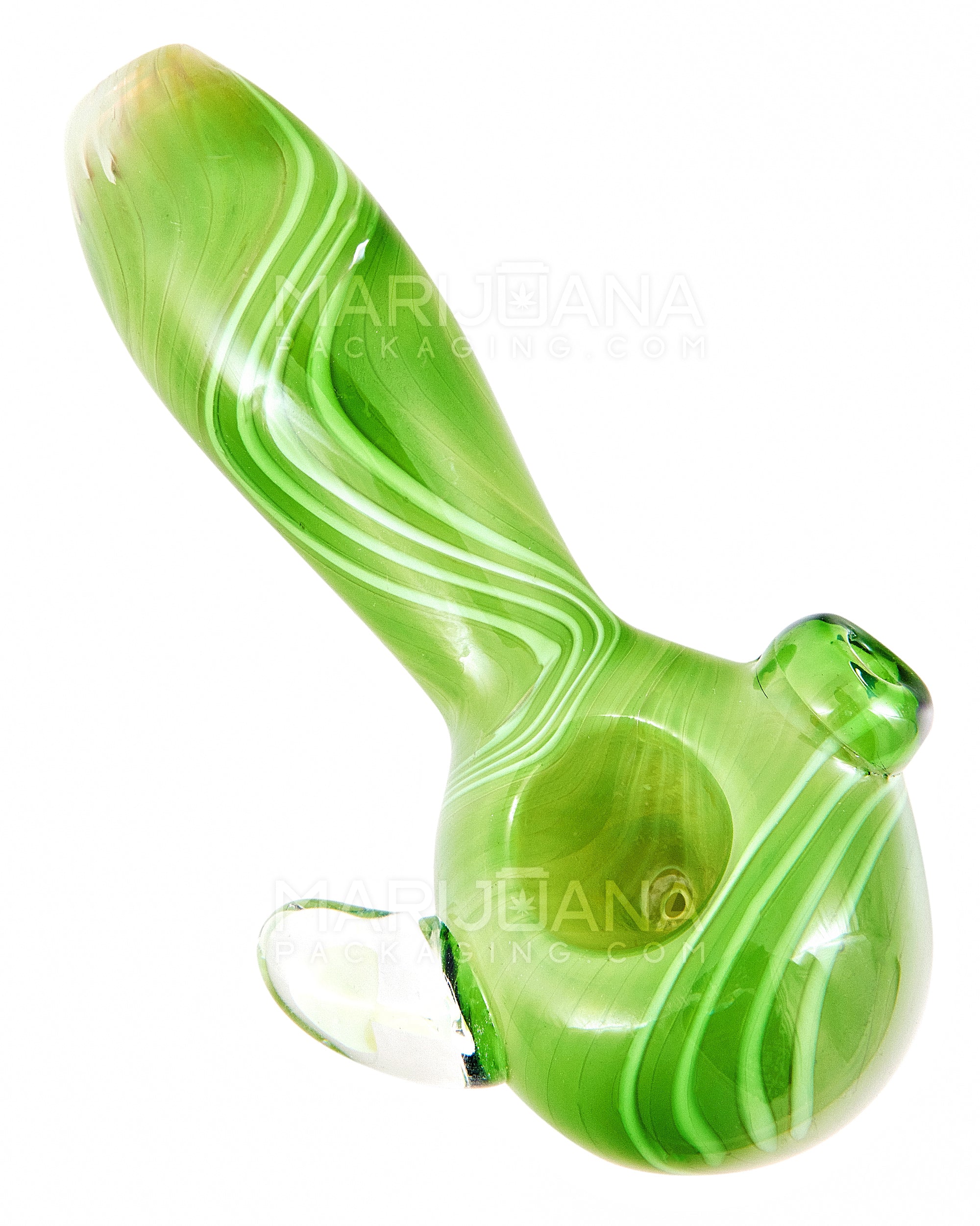 Striped Spoon Hand Pipe w/ Mushroom Marble | 5in Long - Glass - Green - 1