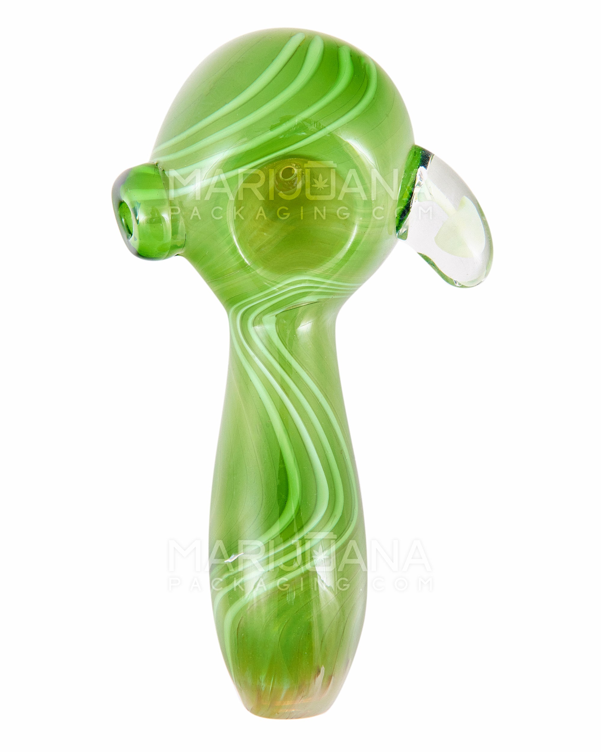 Striped Spoon Hand Pipe w/ Mushroom Marble | 5in Long - Glass - Green - 2