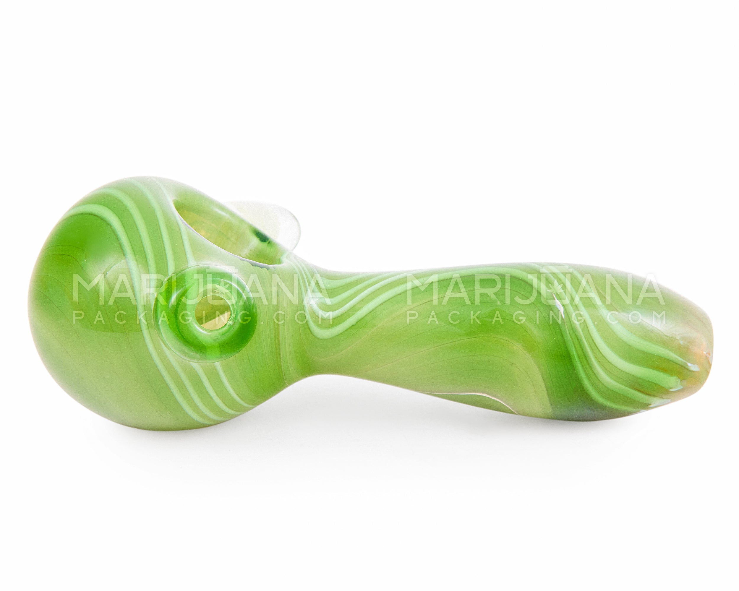 Striped Spoon Hand Pipe w/ Mushroom Marble | 5in Long - Glass - Green - 5