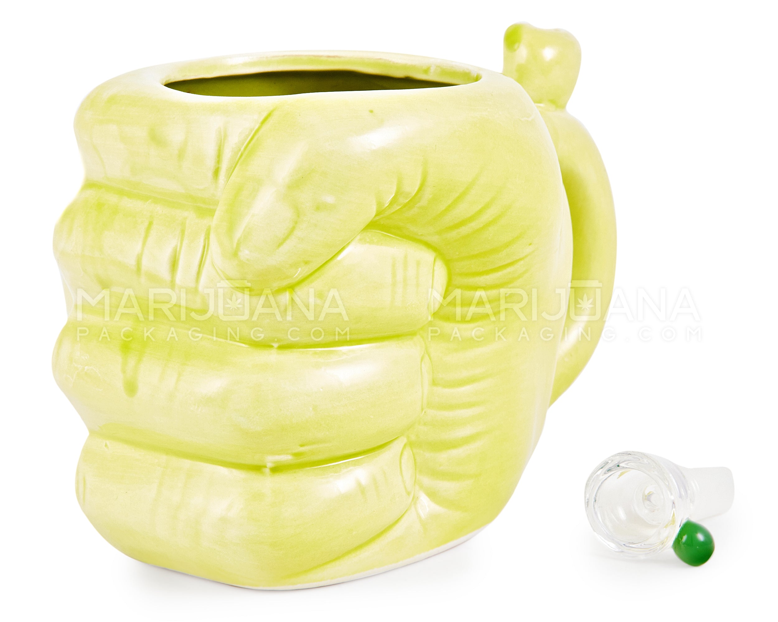 Large Fist Mug Painted Ceramic Pipe | 4.5in Tall - 14mm Bowl - Green - 3