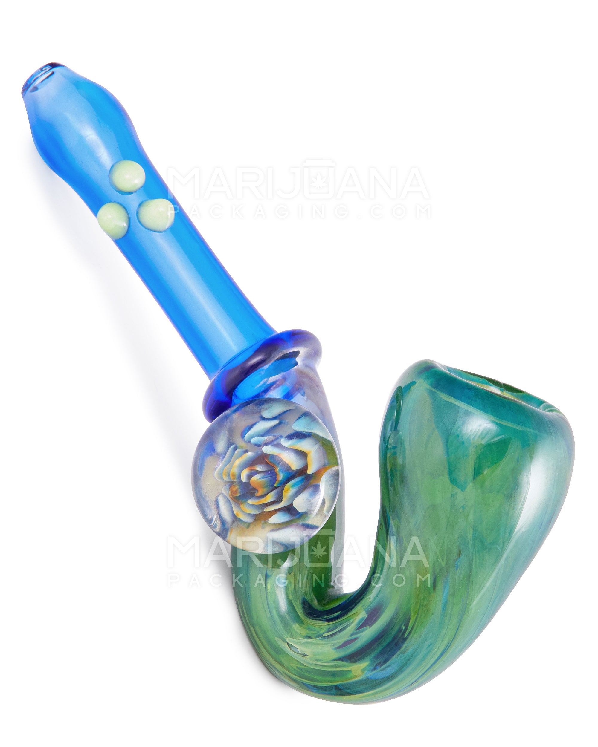 Color Pull Sherlock Hand Pipe w/ Implosion Marble & Triple Knockers | 5.5in Long - Glass - Blue - 1