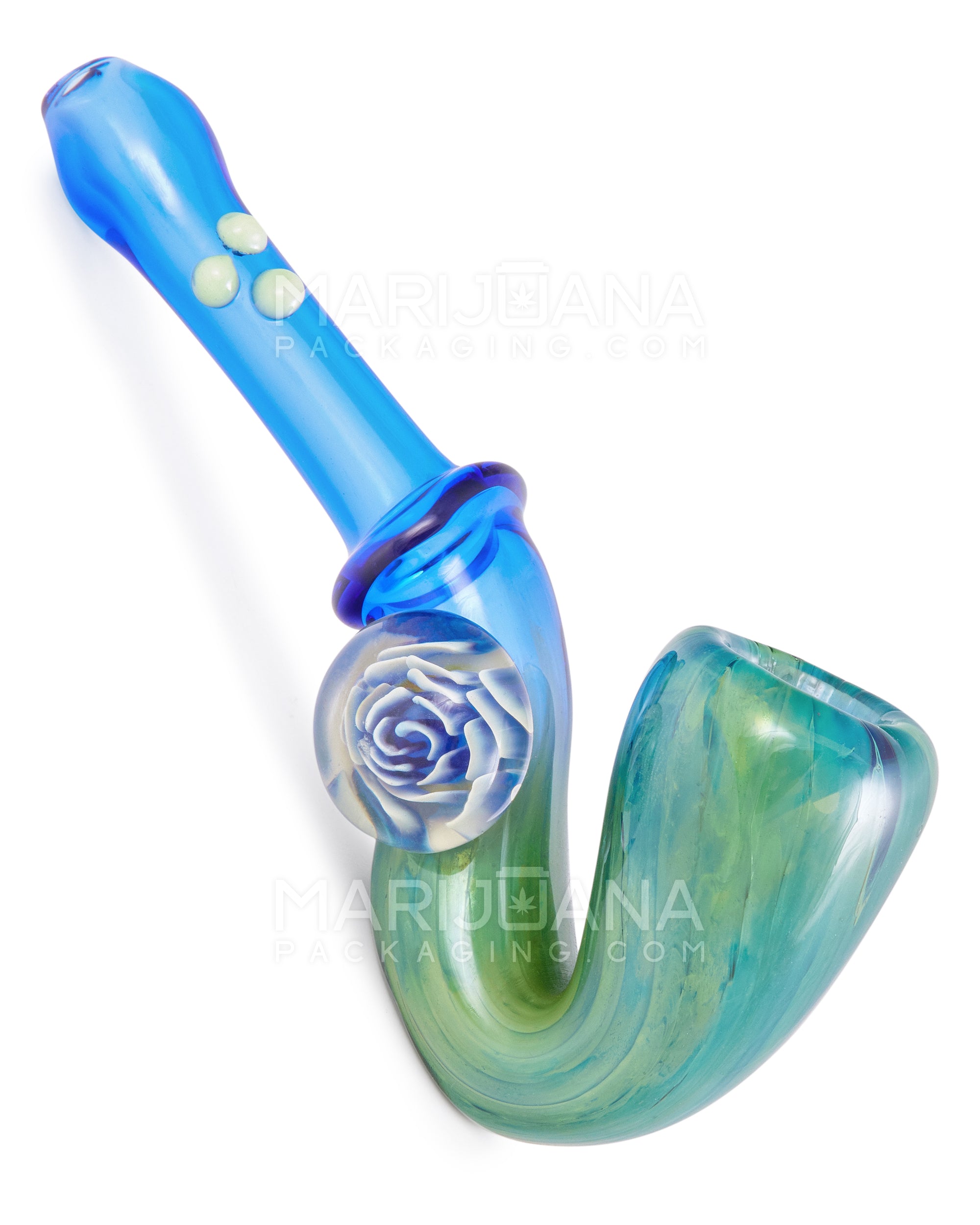 Color Pull Sherlock Hand Pipe w/ Implosion Marble & Triple Knockers | 5.5in Long - Glass - Blue - 6