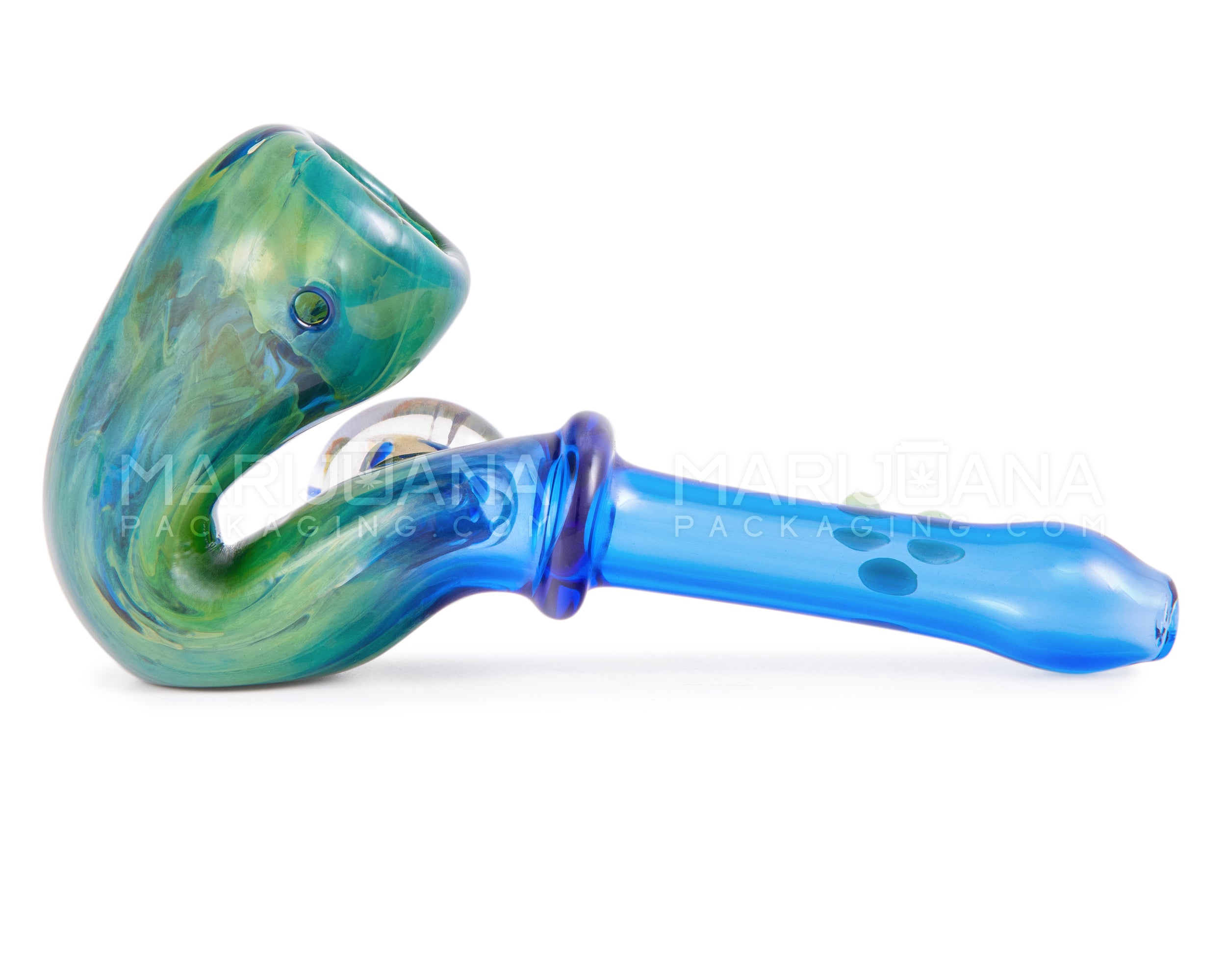 Color Pull Sherlock Hand Pipe w/ Implosion Marble & Triple Knockers | 5.5in Long - Glass - Blue - 3