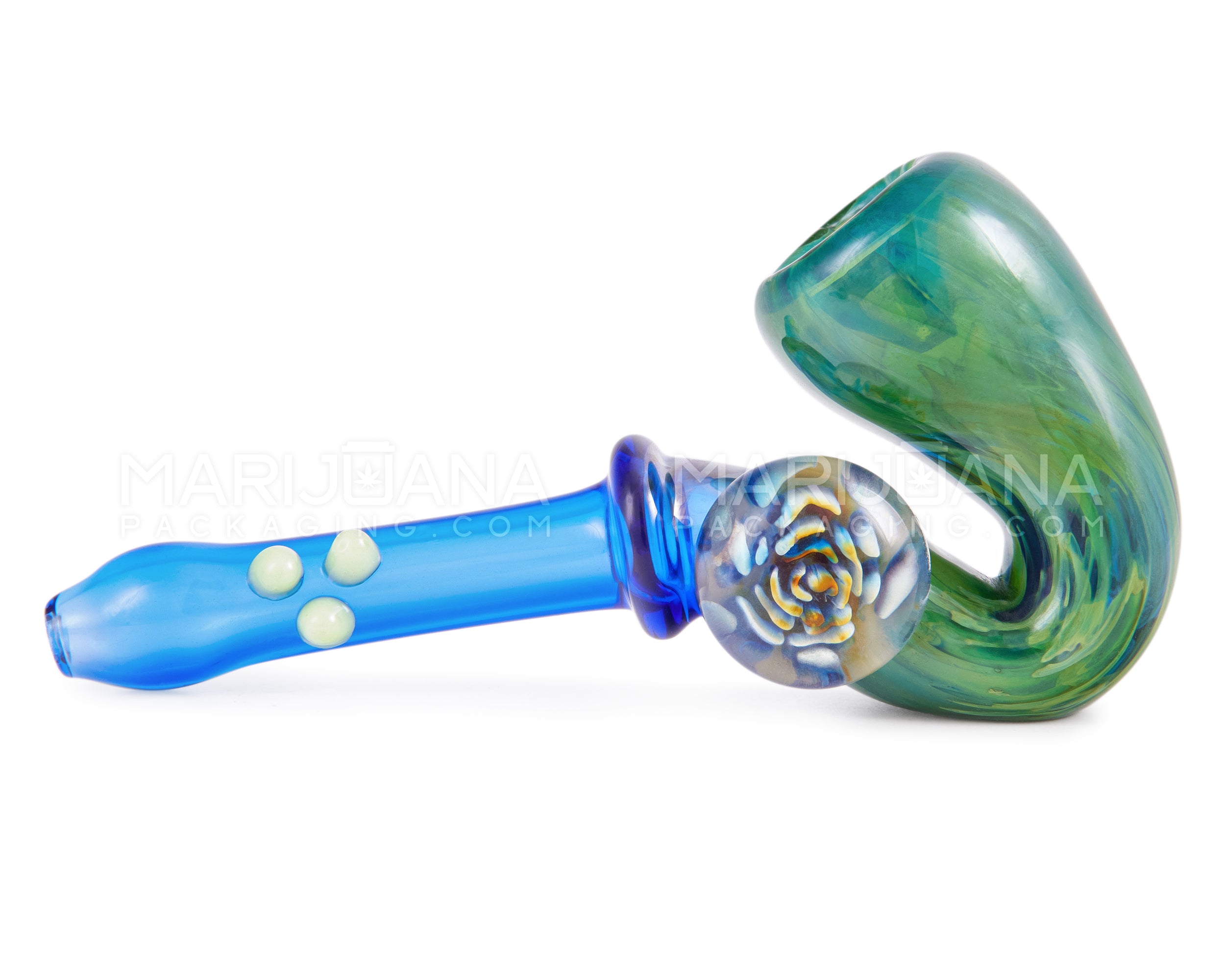 Color Pull Sherlock Hand Pipe w/ Implosion Marble & Triple Knockers | 5.5in Long - Glass - Blue - 4