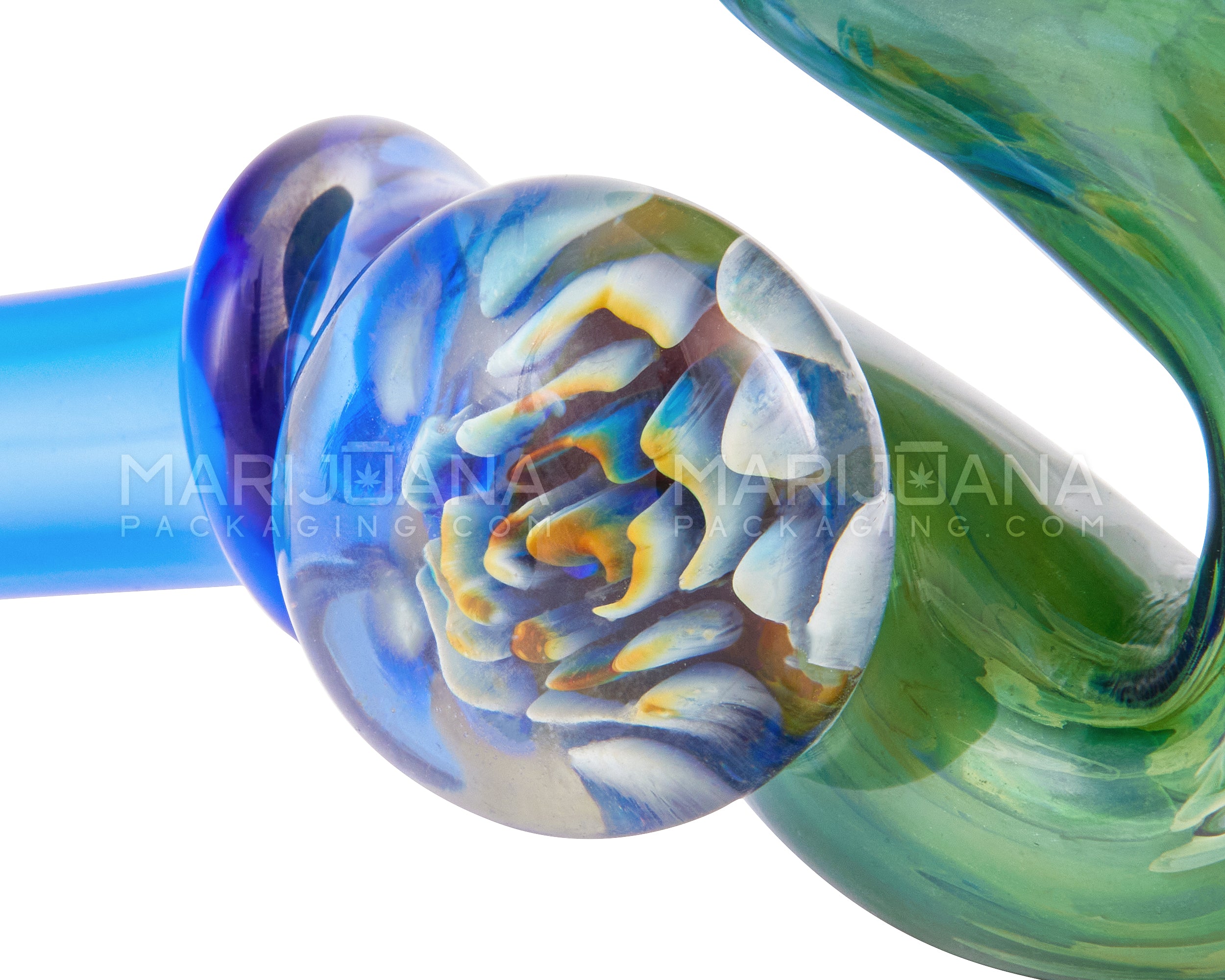 Color Pull Sherlock Hand Pipe w/ Implosion Marble & Triple Knockers | 5.5in Long - Glass - Blue - 5
