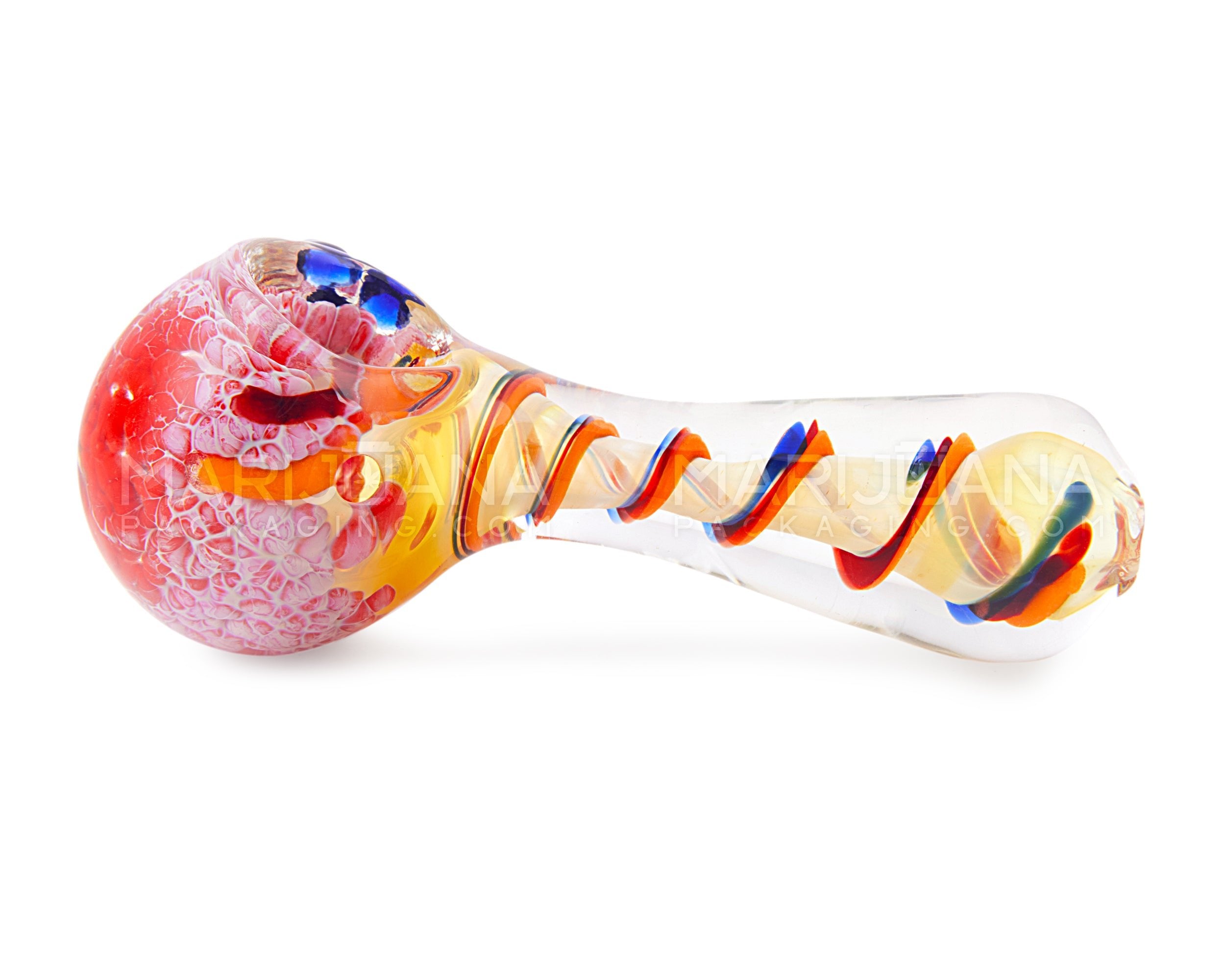 Frit & Fumed Swirl Spoon Hand Pipe w/ Triple Knockers | 4in Long - Glass - Assorted - 4