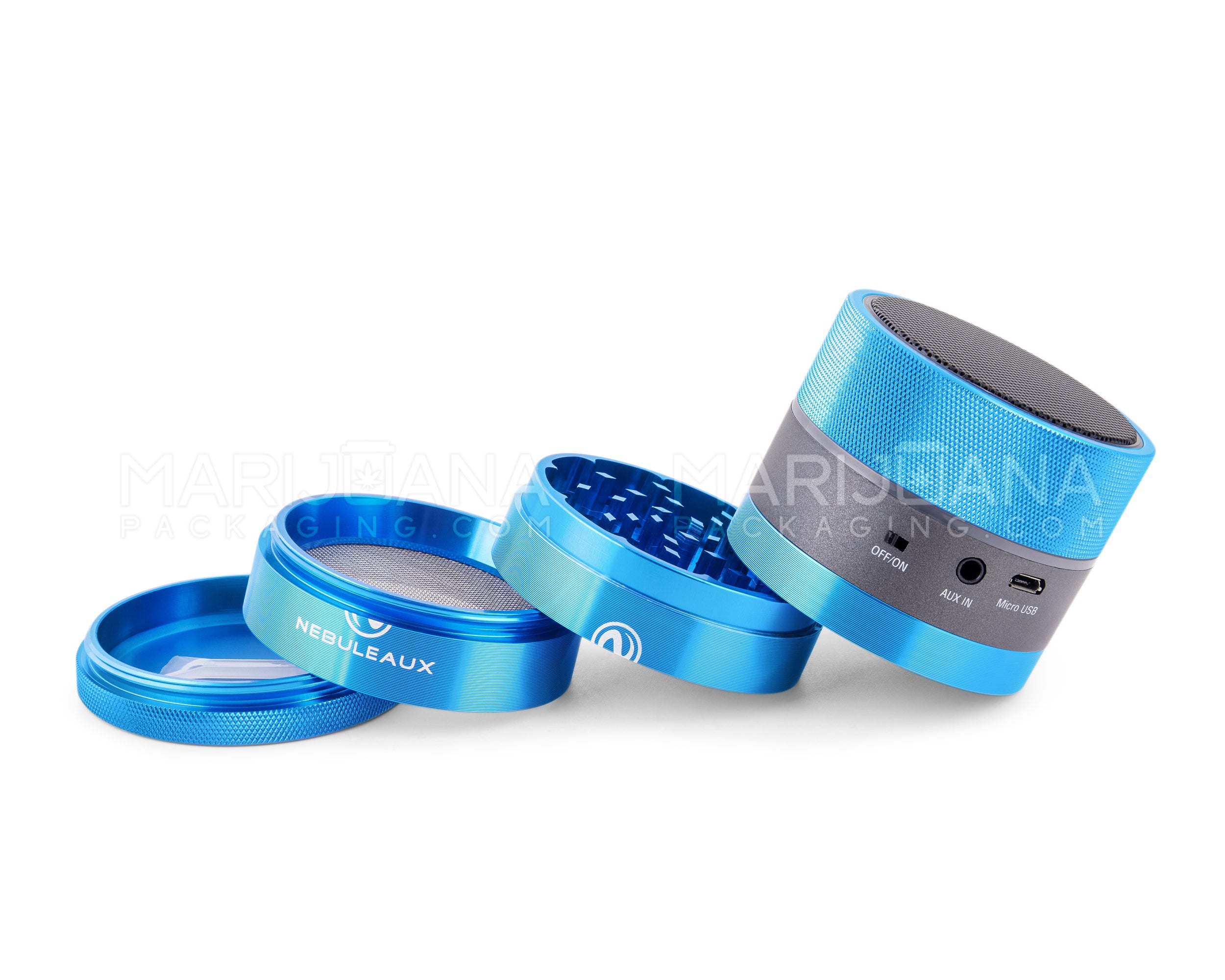 NEBULEAUX | LED Herb Grinder w/ Built-In Wireless Bluetooth Speakers | 4 Piece - 62mm - Blue - 4