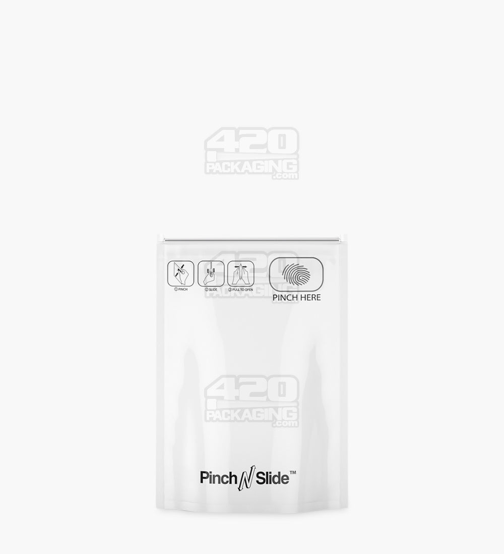 Child Resistant | Pinch N Slide ASTM Glossy White Mylar Bags | 3.5in x 5in - 3.5g - 250 Count