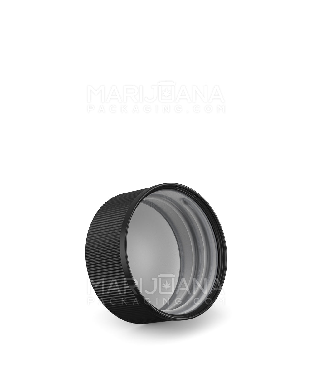 Child Resistant Ribbed Push Down & Turn Plastic Caps w/ Text | 28mm - Glossy Black | Sample - 2