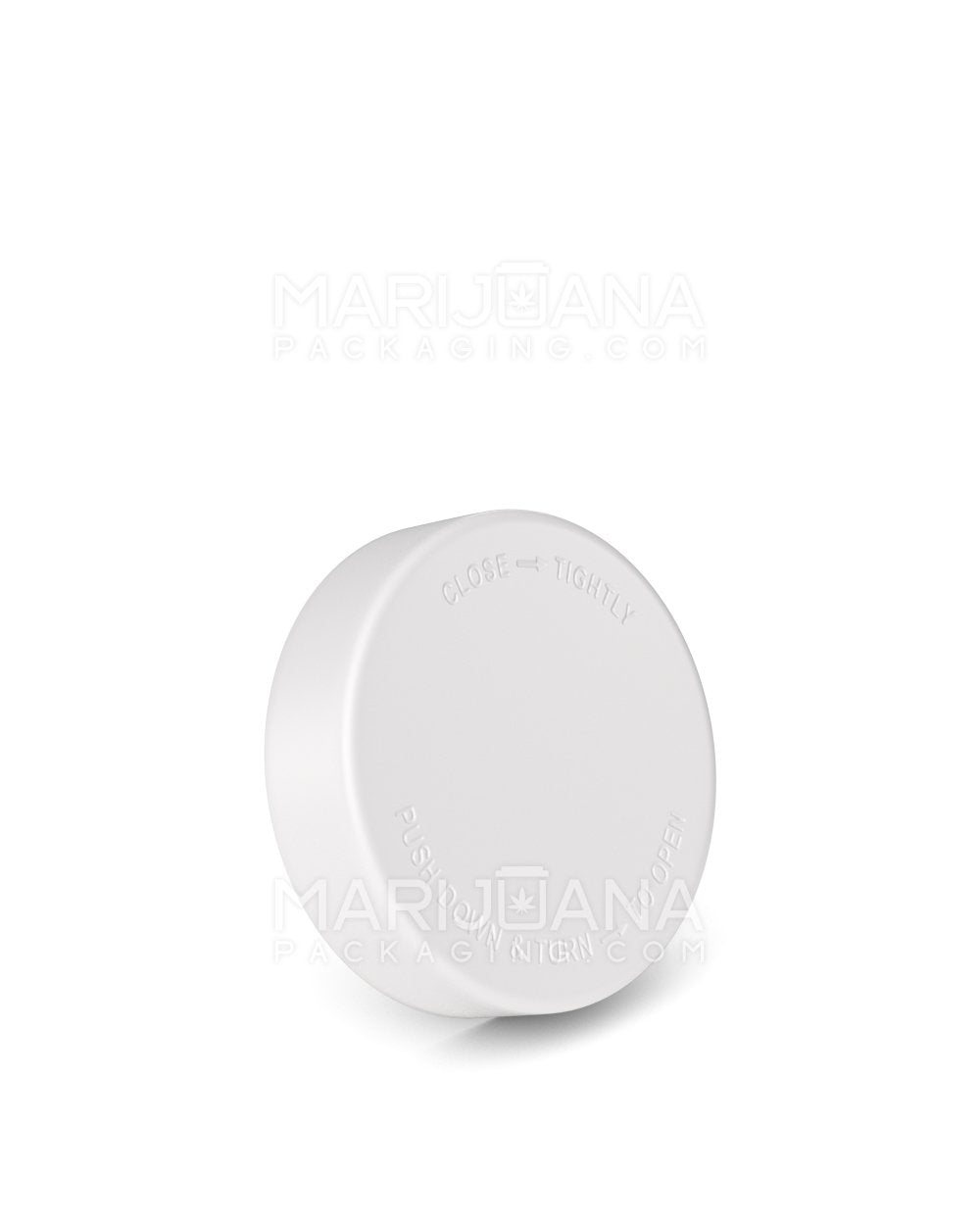 Child Resistant Smooth Flat Push Down & Turn Plastic Caps w/ Text & Foam Liner | 48mm - Matte White | Sample - 1