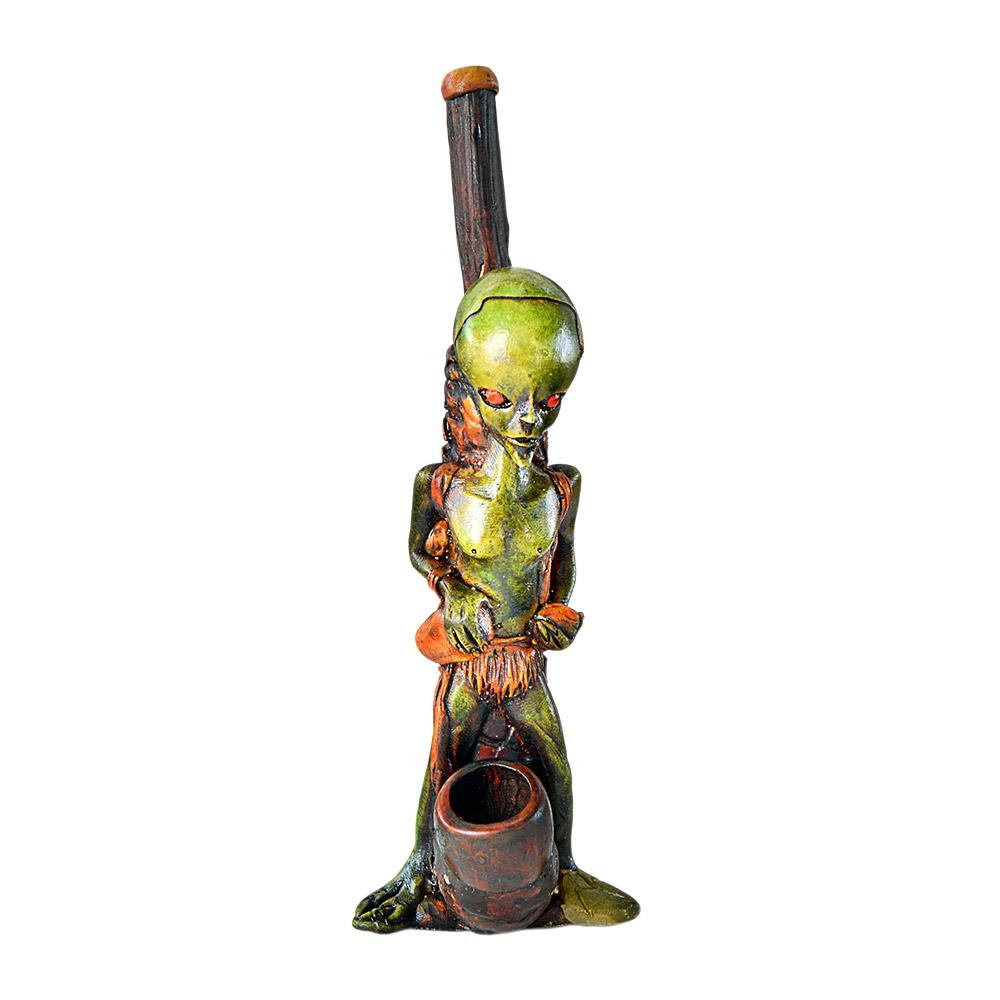 Alien Head Wood Pipe | 6in Tall - Wood Bowl - Green - 6