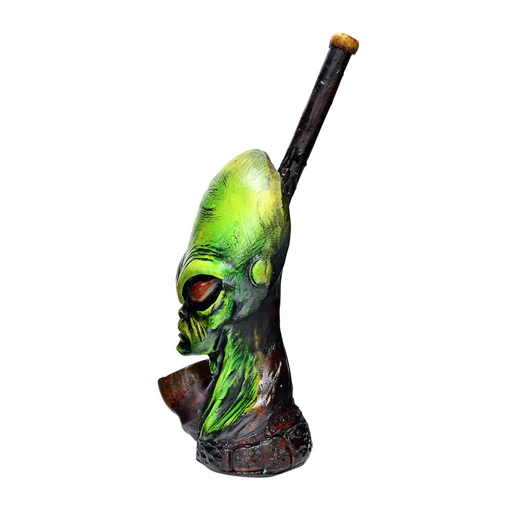 Alien Head Wood Pipe | 6in Tall - Wood Bowl - Green - 4