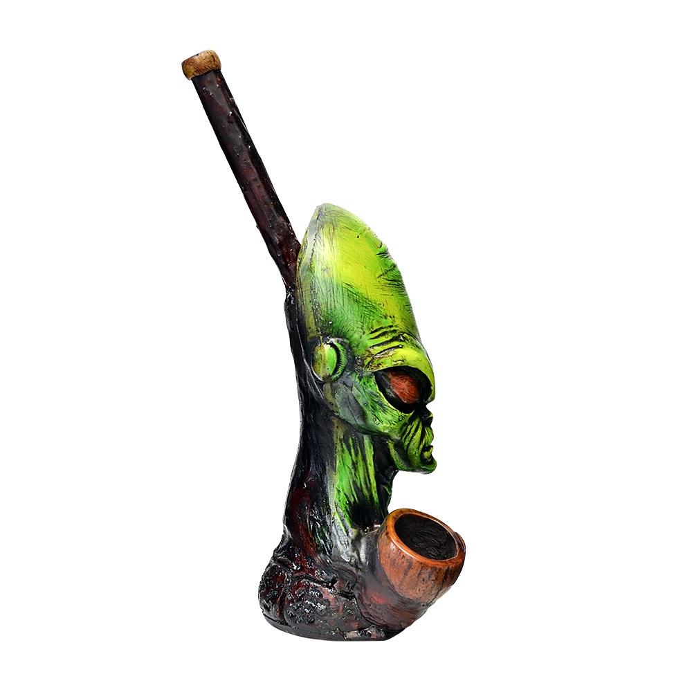Alien Head Wood Pipe | 6in Tall - Wood Bowl - Green - 2