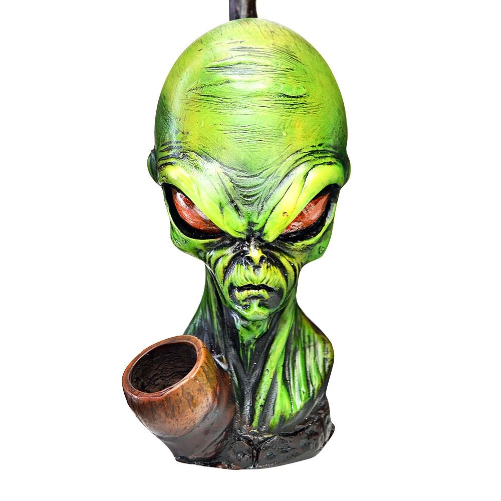 Alien Head Wood Pipe | 6in Tall - Wood Bowl - Green - 5